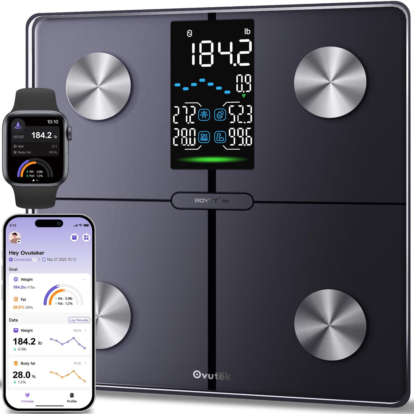 Ovutek Smart Scale for Body Weight, Professional Bathroom Digital Scale with BMI, Body Fat, Muscle Mass, Most Accurate to 0.05lb, Large Display High Accurate Body Composition Machine with Fitness App