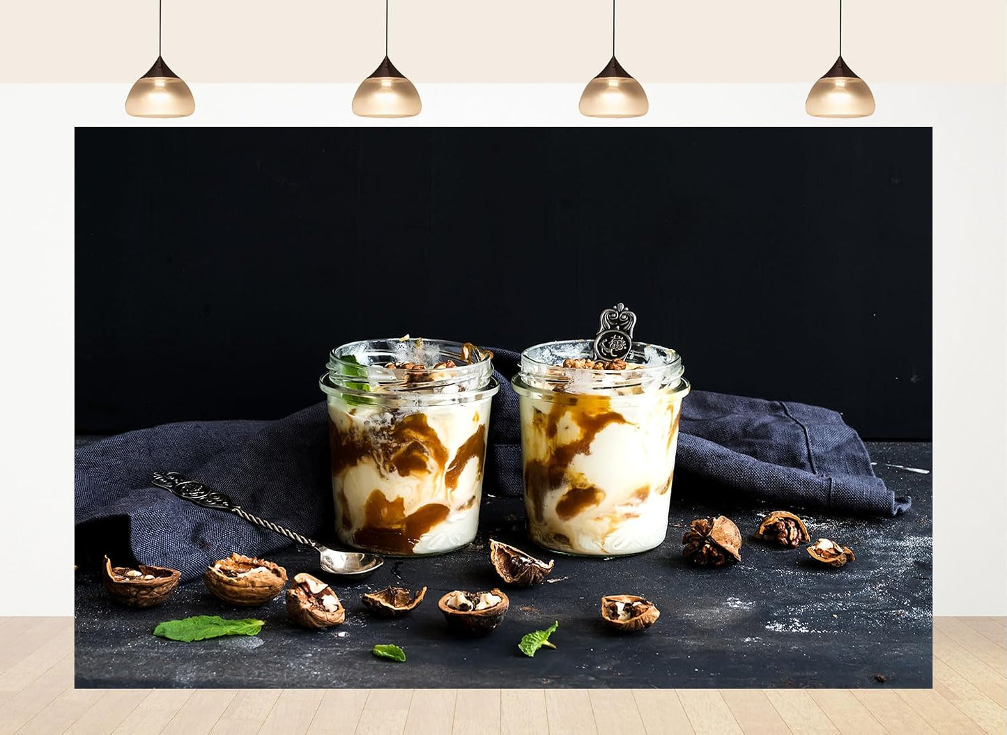 LidyMini 10x8ft Fabric Yogurt Parfaits with Caramel and Walnuts Backdrop Dark Moody Surface Mint Leaves Photography