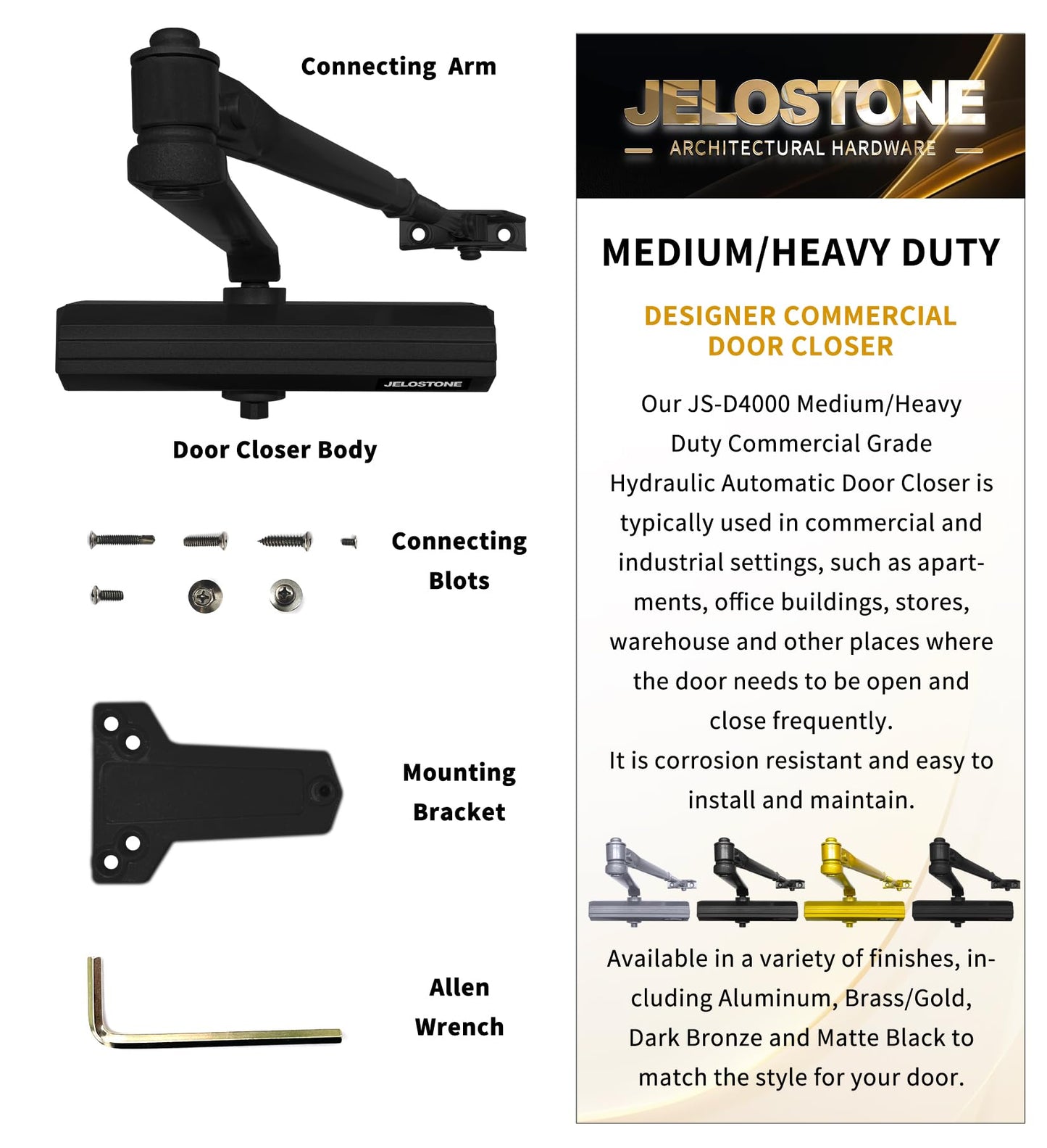 JELOSTONE Medium/Heavy Duty, Commercial Door Closer D4000, ANSI Grade 1, UL 3 Hour Fire Rated, ADA Compliant, Adjustable Spring Size 1-6 for Doors (44-330lb, 30-60 in), Indoor/Outdoor (Black)