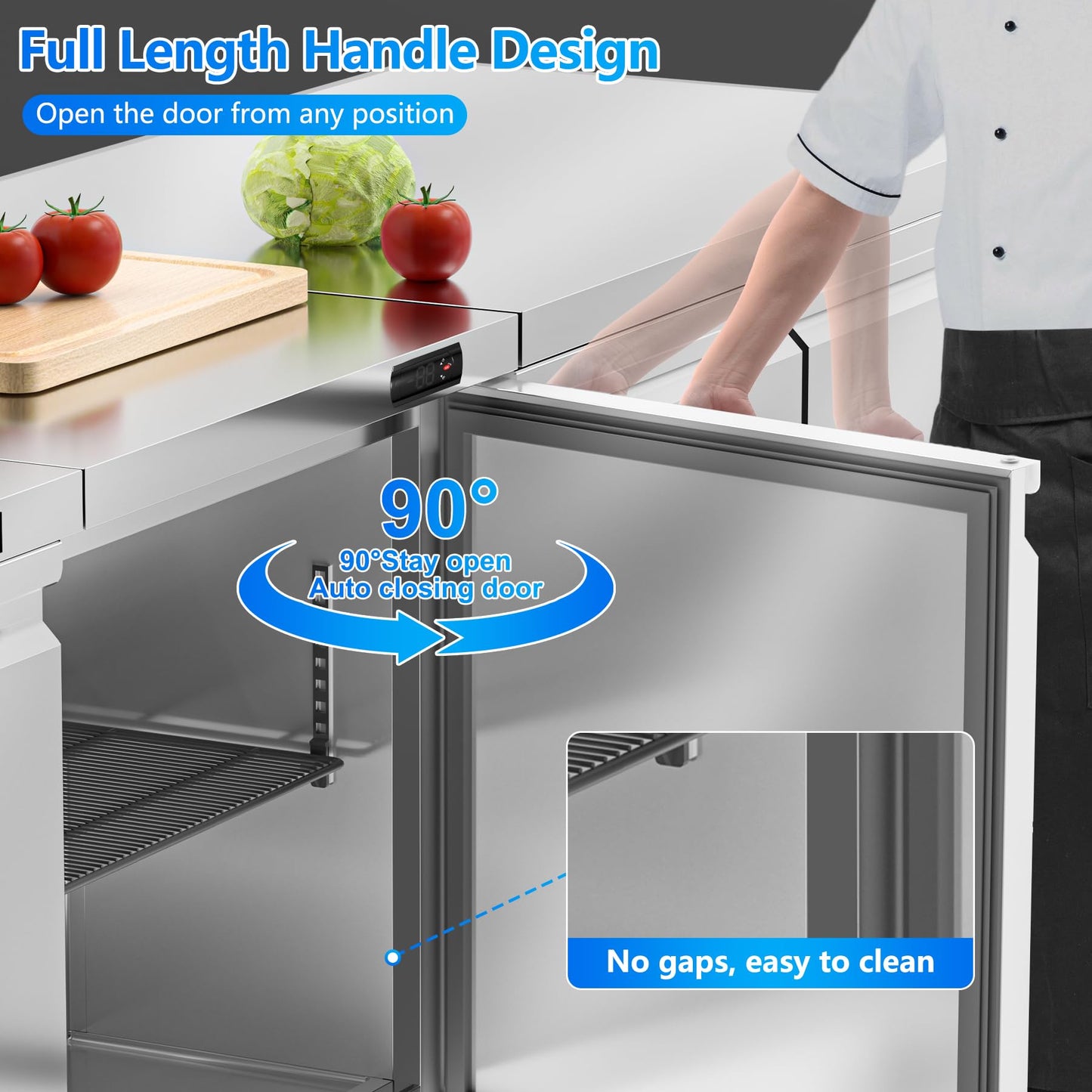 Rockitch 60" W Commercial Undercounter Freezer, 14.1 Cu.ft Stainless Steel Worktop Freezer, 2 Doors Fan Cooling Kitchen Fridge with Adjustable Shelves for Restaurant Food Prep, ETL Approved