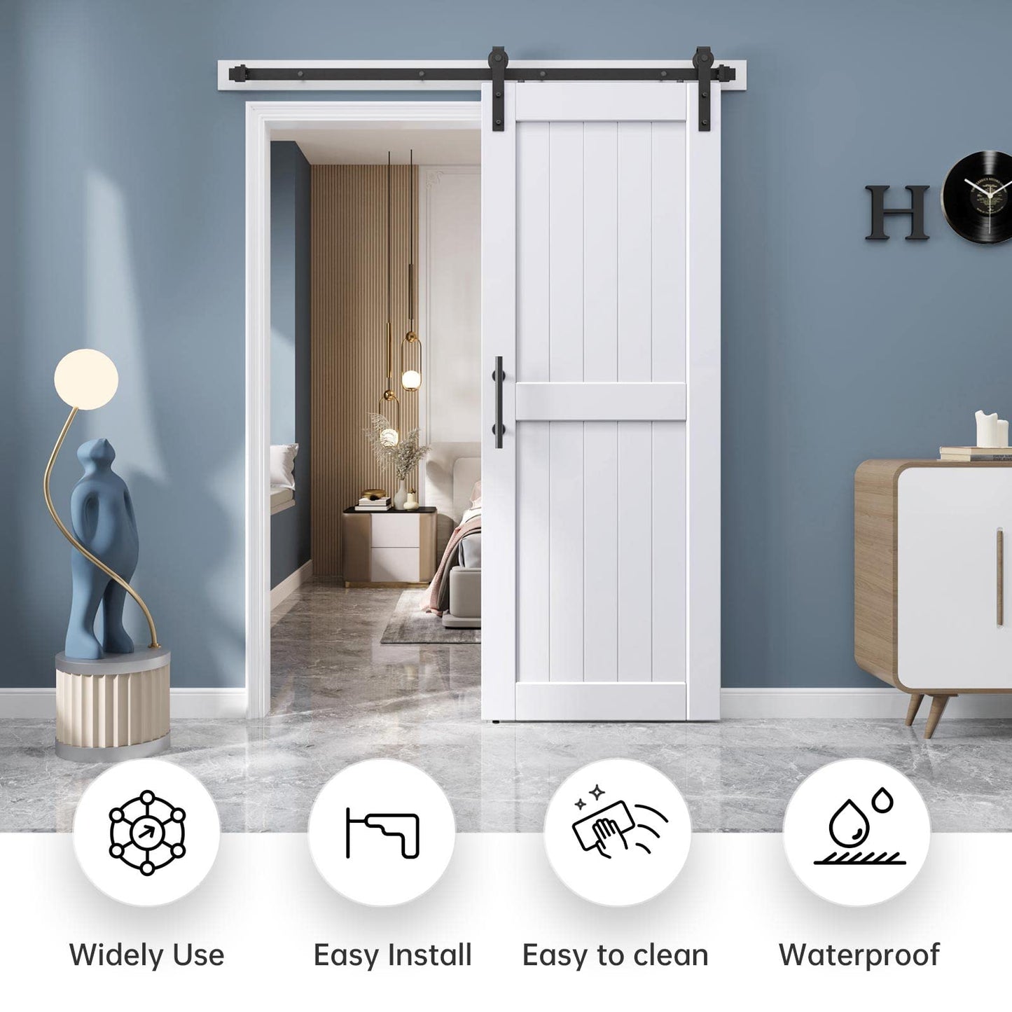 EaseLife 30 x 84 inch White Barn Door with 5.5FT Sliding Door Hardware Kit Included & Handle,Solid Wood Covered with Waterproof PVC Surface,DIY Assemblely,Easy Install,H-Frame,Fit 26-28in Wide Opening