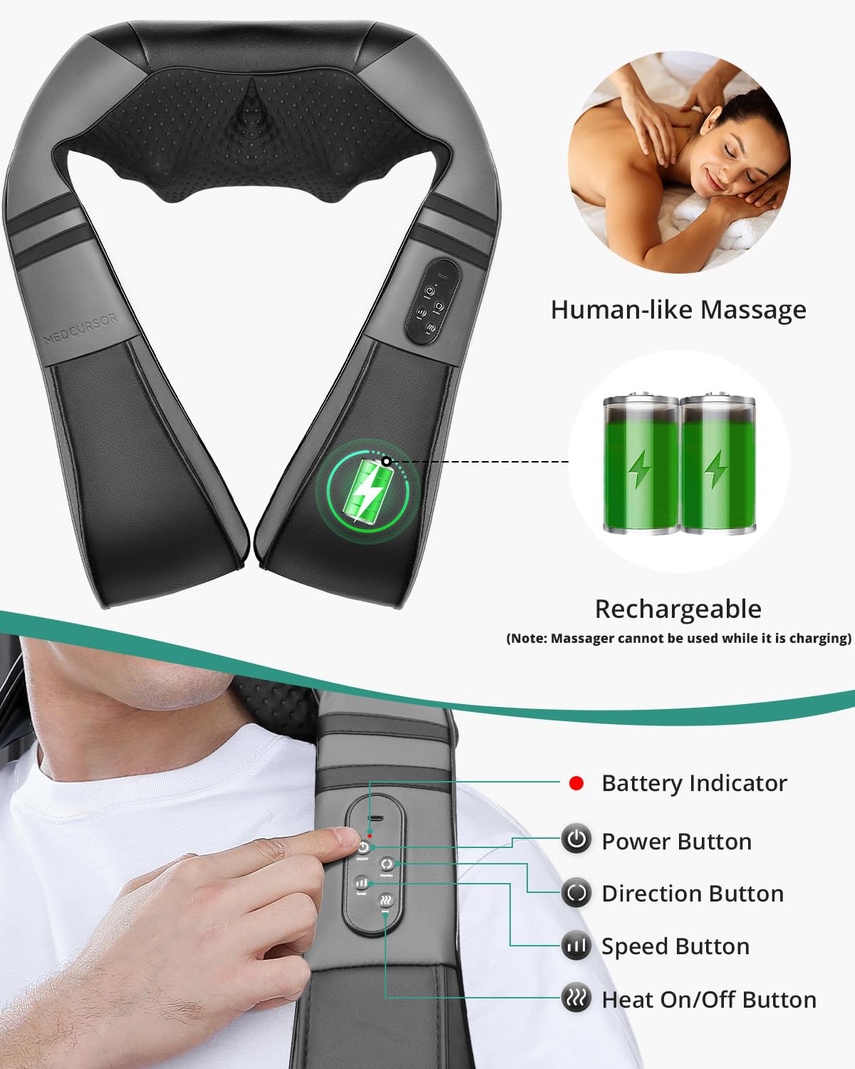 Medcursor Neck Massager with Heat - Deep Tissue Pain Relief, Rechargeable Shiatsu Neck and Shoulder Massager, Ideal Choice for Men, Women, Mom & Dad