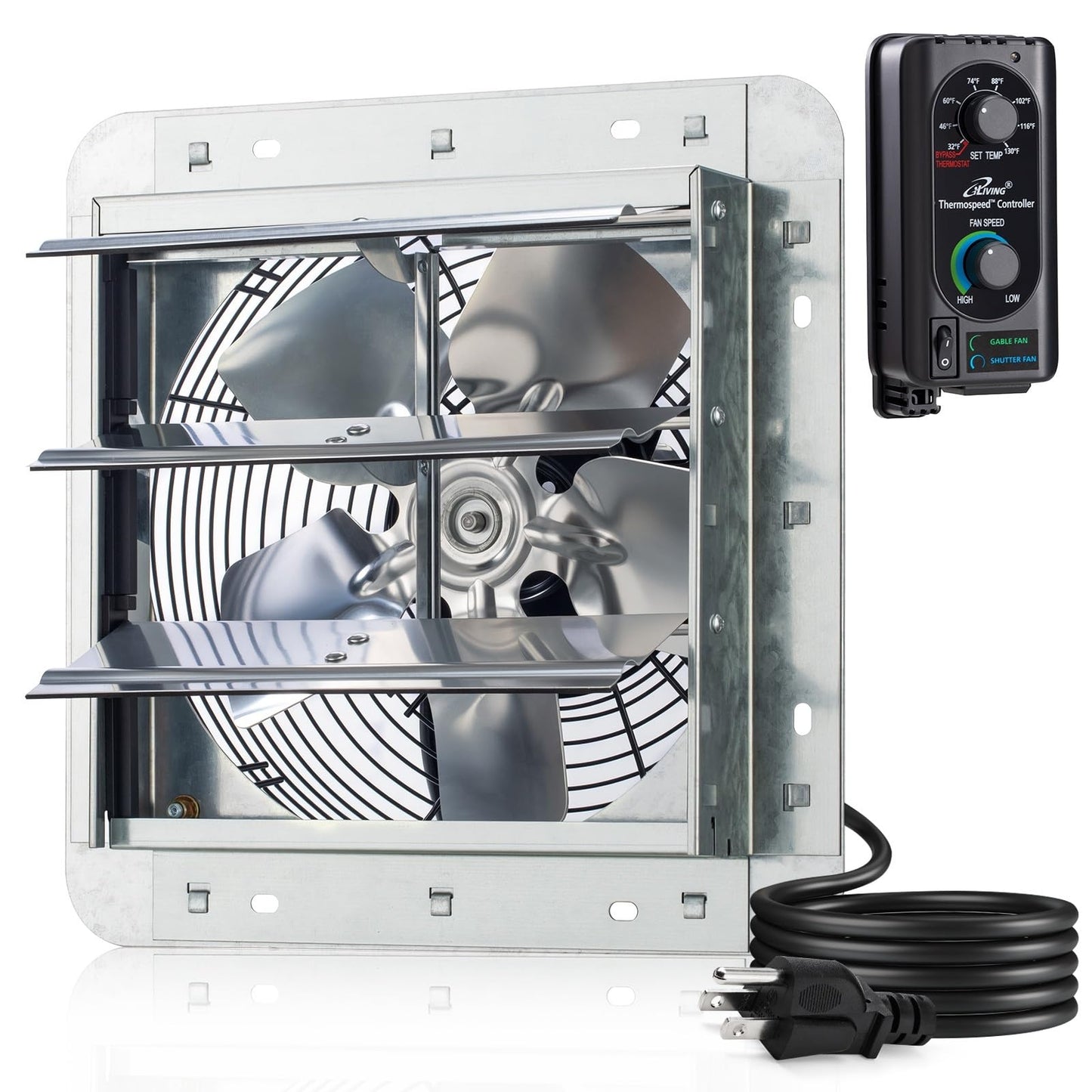 iLiving 10" Wall Mounted Shutter Exhaust Fan, Automatic Shutter, with Thermostat and Variable Speed controller, 65W, 820 CFM, 1200 SQF Coverage Area Silver (ILG8SF10V-ST)