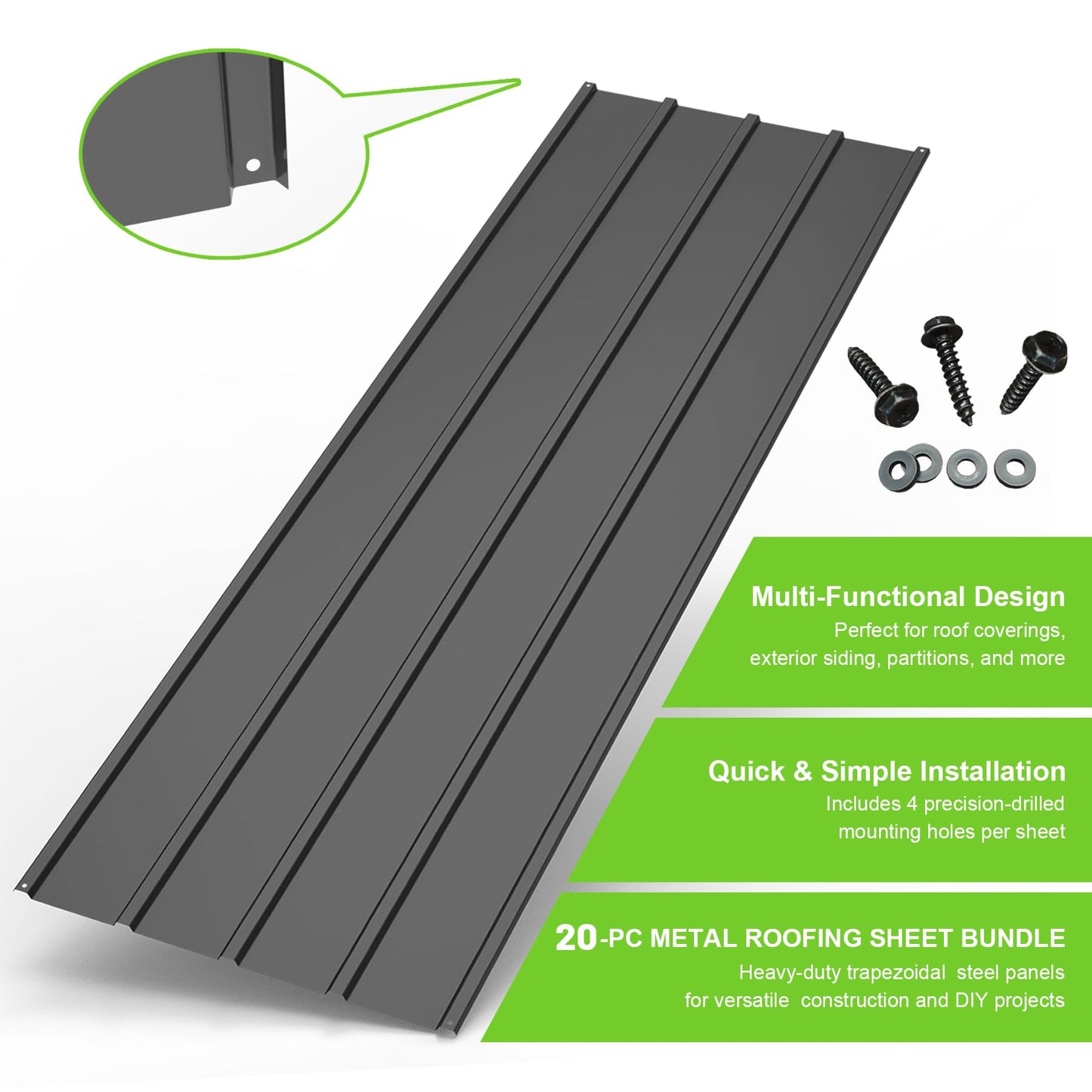 SHPAI 20PCS Metal Roofing Panels, Corrugated Galvanized Roof Panels, Waterproof Metal Siding Panels with 120 Pcs Steel Screws for Pergola, Gazebo, Shed, Garages, Stables and Mobile Homes (Grey)