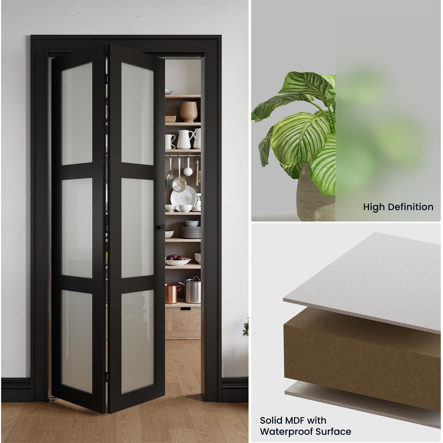 COSHOMER Bifold Doors for 60" x 80" Opening, 3-lite Tempered Frosted Glass Closet Folding Doors with Hardware kit Included, Easy Assembly, Black