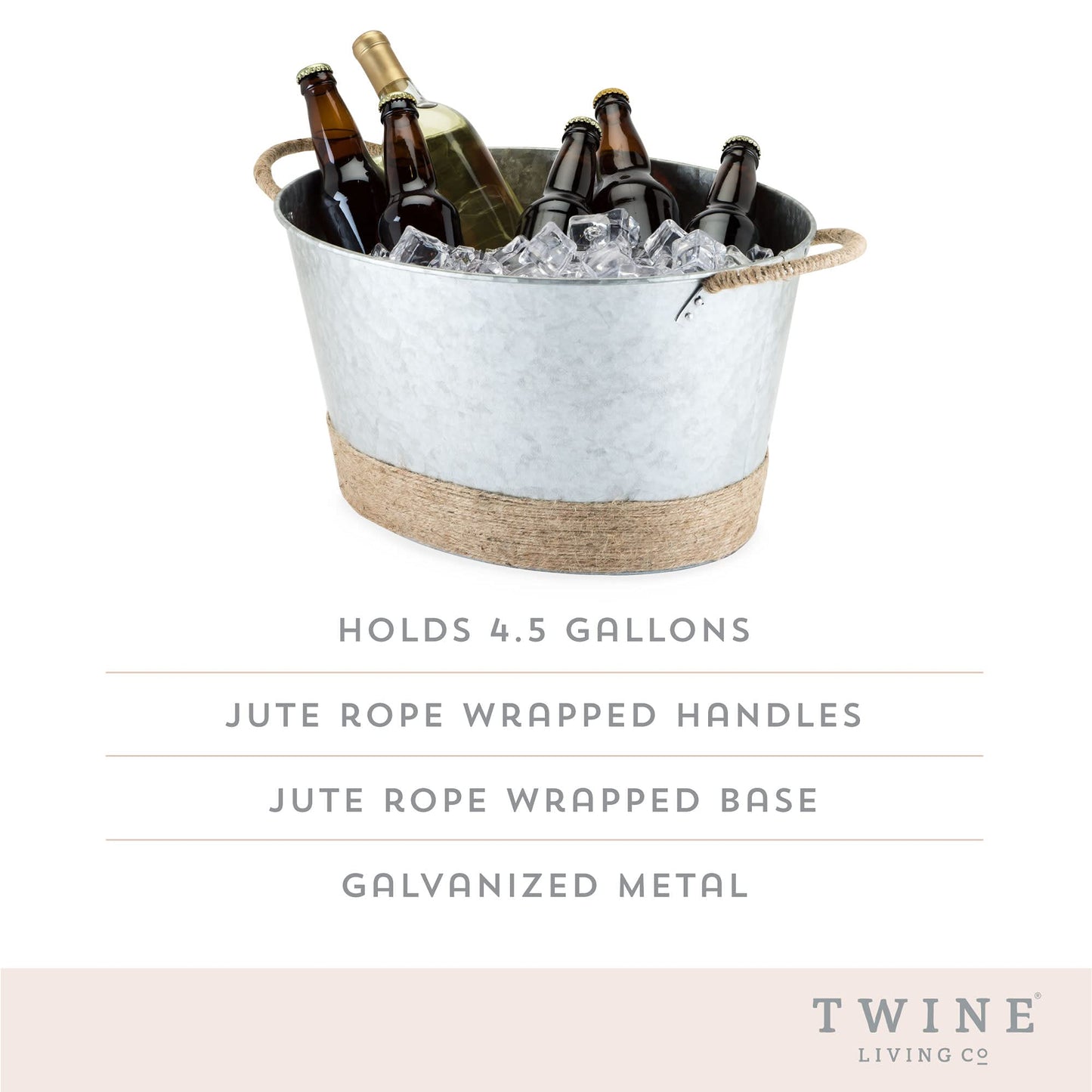 Twine Seaside Jute Rope Wrapped Farmhouse Galvanized Ice Metal Beverage Tub, Wine, Beer Bottle Bucket, 4.5 Gallons