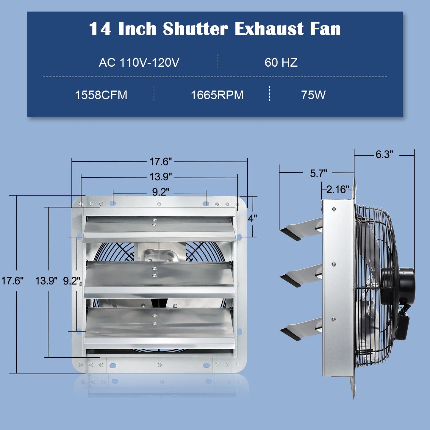 Hiorucet 14 Inch Shutter Exhaust Fan Wall Mounted, High Performance Low Noise Garage Louvered Exhaust Fan with Speed Controller and Power Cord Kit for Greenhouse, Shop, Attics, Chicken Coop, Basement.