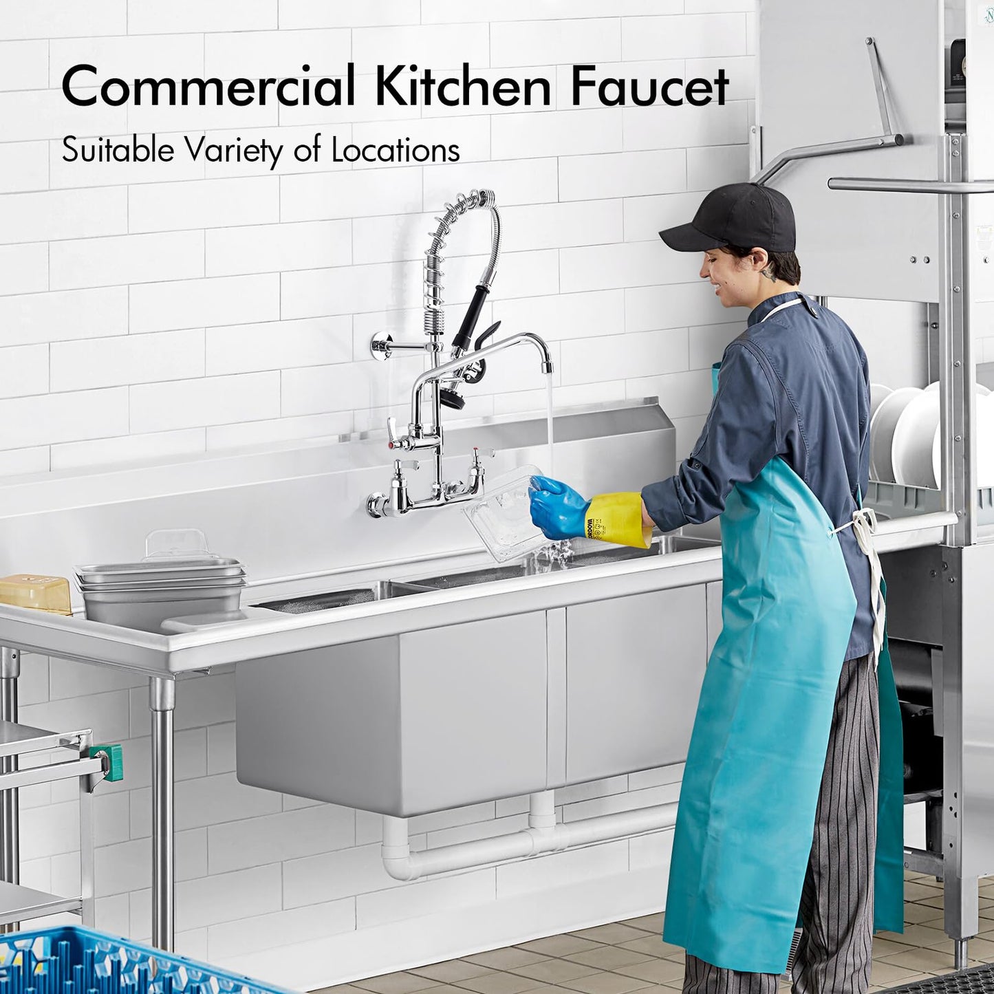 BAGNOLUX Commercial Sink Faucet, 8" Center Wall Mount Base with Pull Out Spray 9.6" Add-on Swing Spout 25" Height, Double Handle Pre Rinse Sprayer Commercial Rv Kitchen Faucet with Ceramic Valve