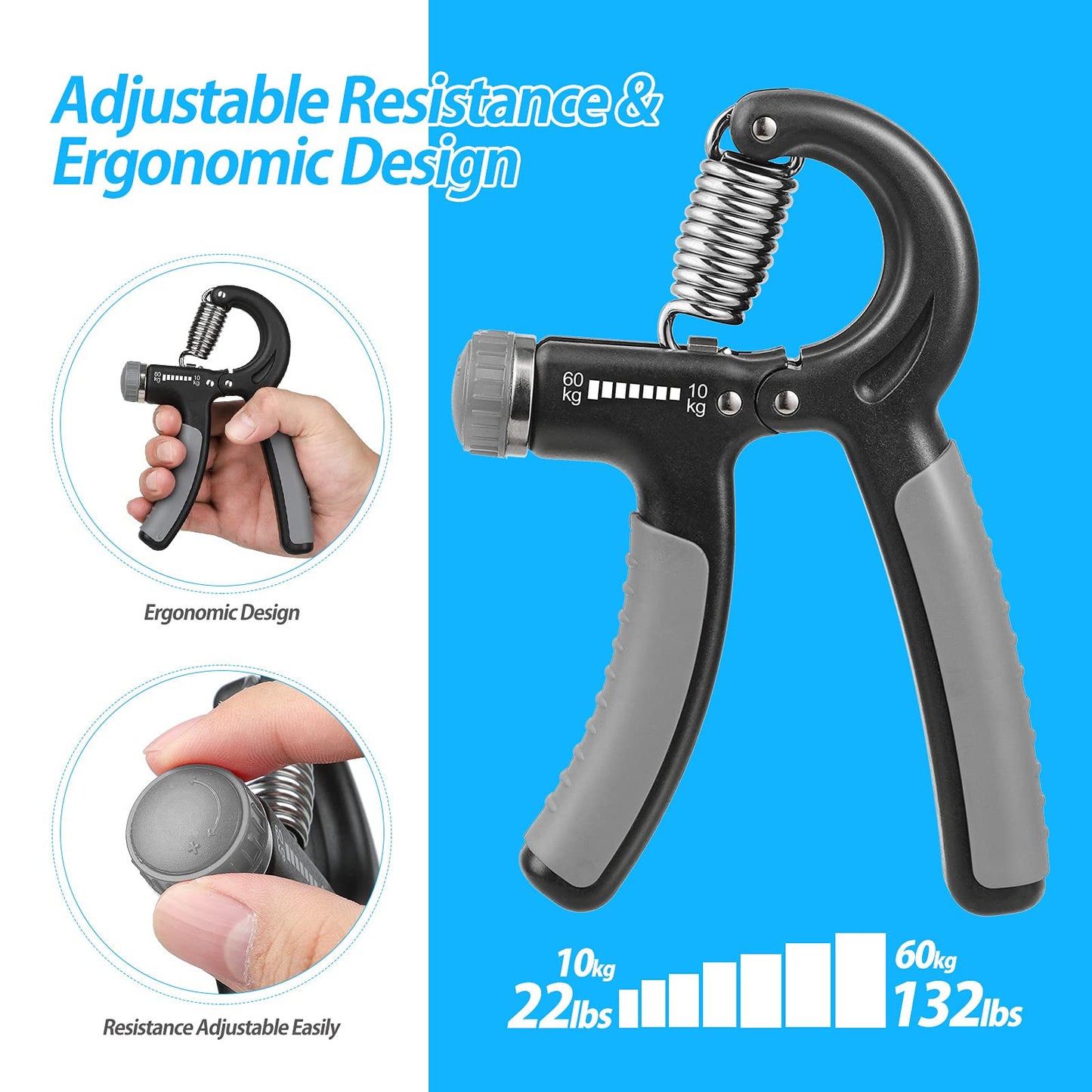 NIYIKOW 2 Pack Grip Strength Trainer, Hand Grip Strengthener, Adjustable Resistance 22-132Lbs (10-60kg), Forearm Strengthener, Perfect for Musicians Athletes - Grey