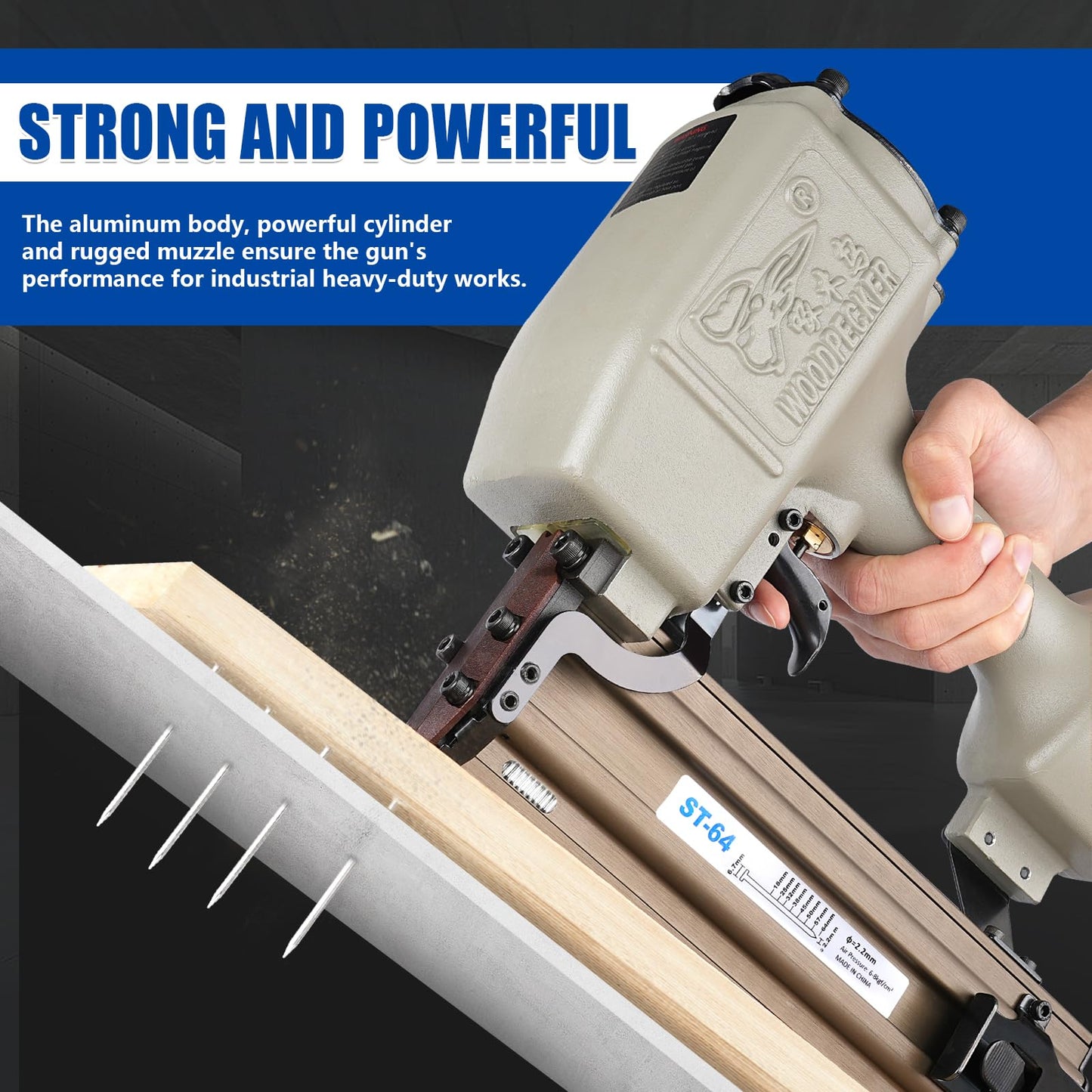 WOODPECKER ST64 Pneumatic Concrete T Nailer Kit with 1-1/4-Inch (32mm) T Nails × 800PCS