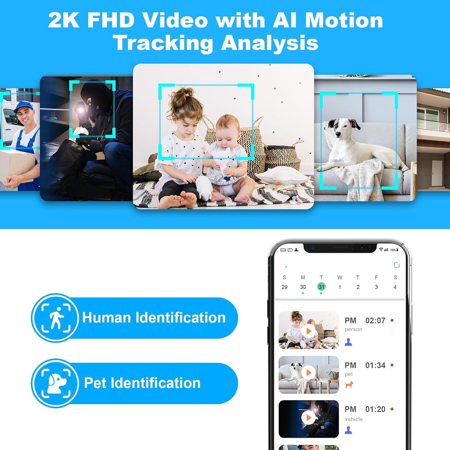 Cloarks 2K 2-Way 24/7, 2 Pack Pan/Tilt Security Camera, WiFi Indoor Cameras for Home Security with AI Motion Detection