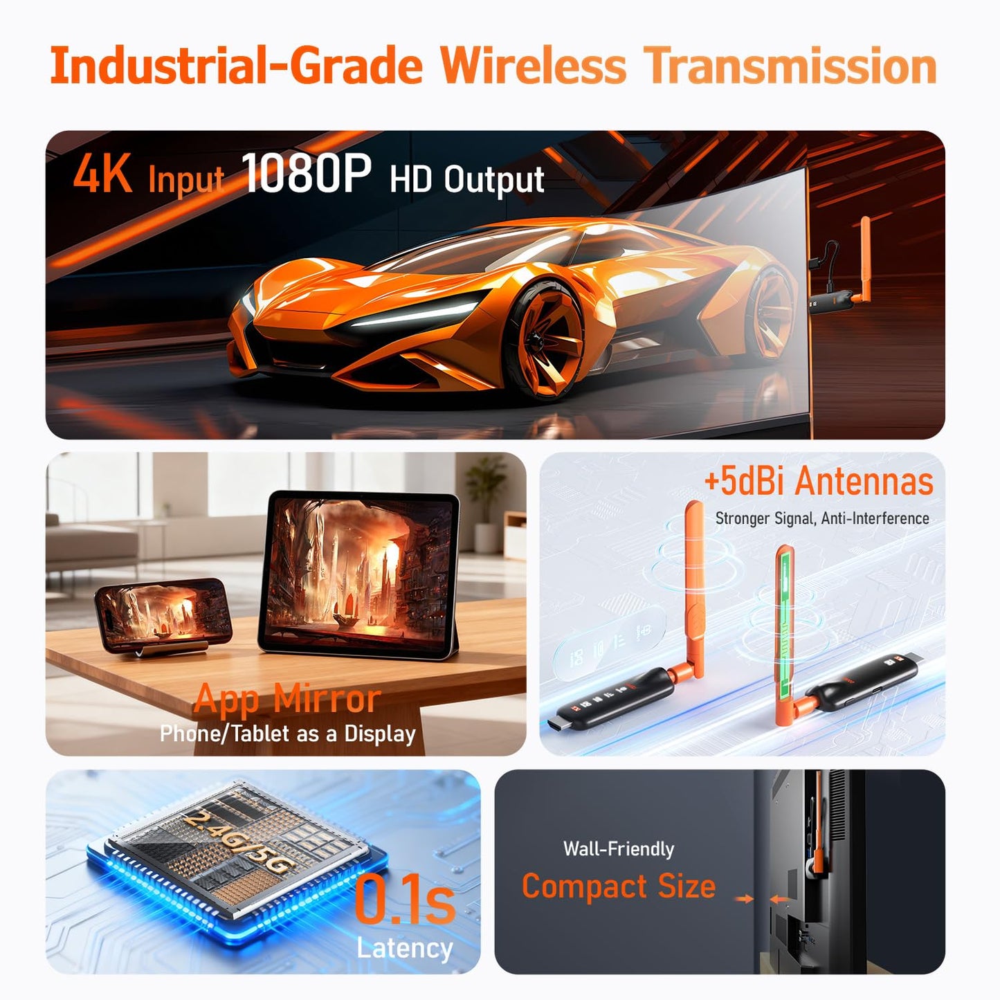 Wireless HDMI Transmitter and 3 Receivers, Gechtech 656FT/200M Long Range, 5.8G, 4K Decode 1080P HD Output, Stable HDMI Extender for PC Laptop Camera Cable Box to Multiple TVs Monitors Projectors