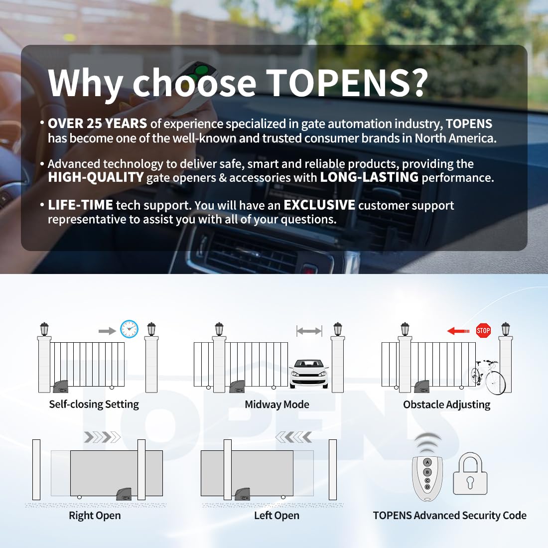 TOPENS RK500T Automatic Sliding Gate Opener Rack Drive Electric Gate Motor for Heavy Driveway Slide Gates Up to 1300 Pounds, Security Gate Operator AC Powered with Nylon Gear Rack and Remote Control