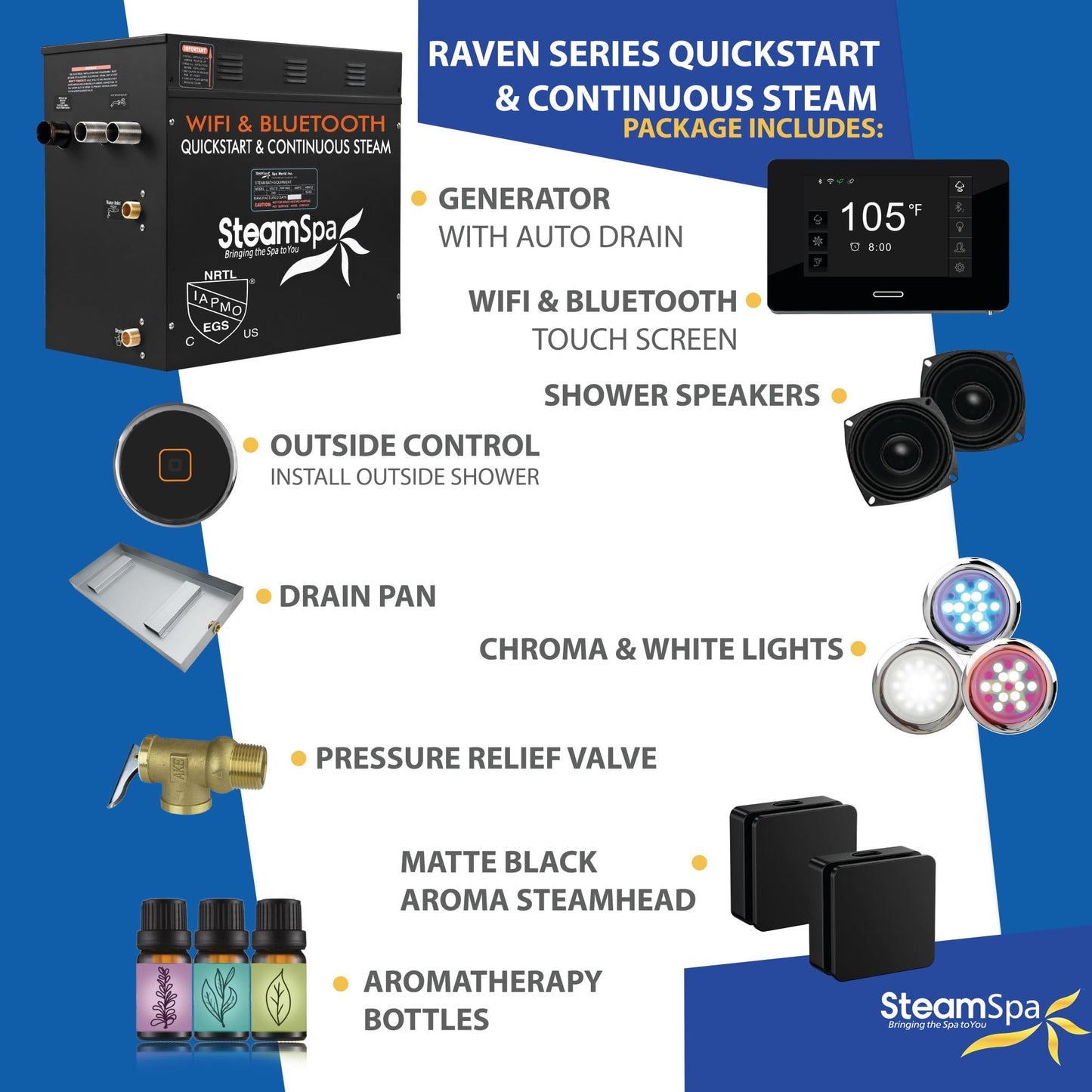 SteamSpa Steam System 12kW Steam Shower Generator with Bluetooth Wifi, Quickstart Continous Steam, Advanced Touch Pad Screen, Chroma Lights, Drain Pan and Auto Drain Black RVBS1200BK-A