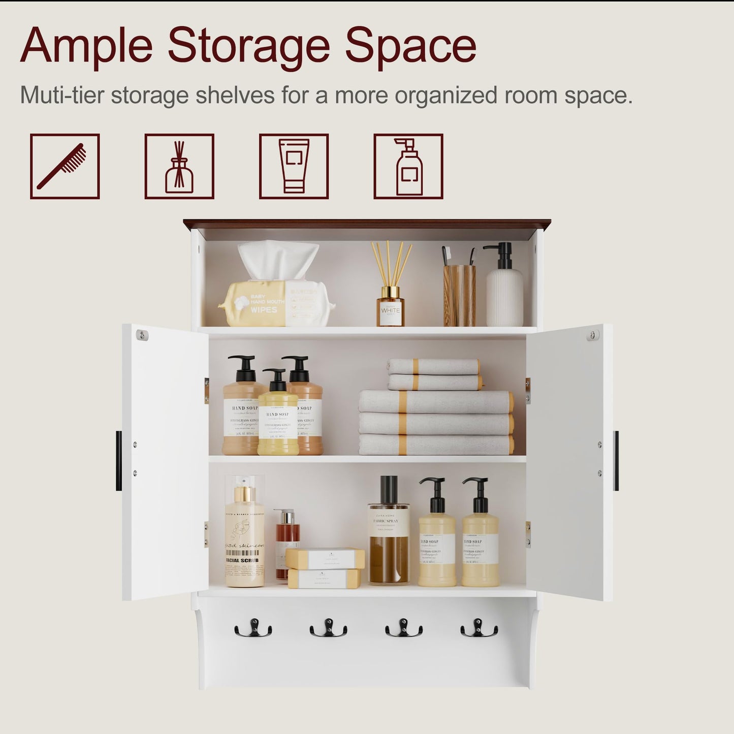 VECELO Farmhouse Bathroom Wall Cabinet, Medicine Cabinet with 4 Hooks, Wall Mounted Storage Cabinet with Open Partition and Adjustable Shelves for Bathroom, Kitchen, Laundry Room, White