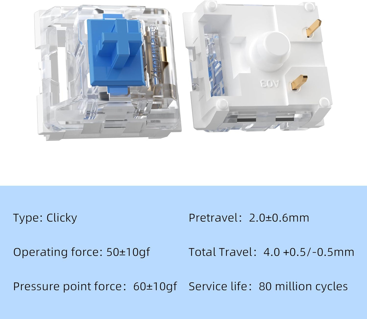 10 3 50gf 3D ZhouWang PCS Blue Switch Pin Pre-Lubricated,Dustproof Clicky Switch,Suitable for clickers for PrintsMX