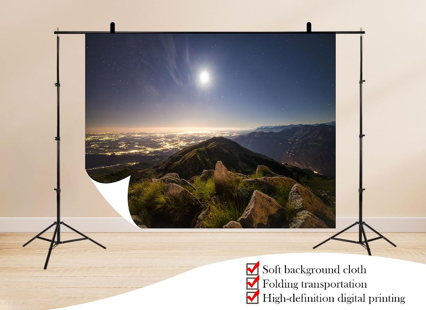 UPXIO 8x8ft Mountain Night View Backdrop with City Lights and Dark Sky Photo Background Tapestry for Evening