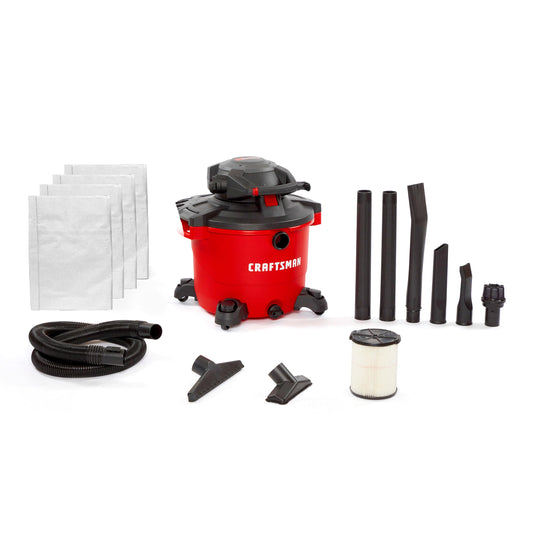 CRAFTSMAN CMXEVBE17607 16 Gallon 6.5 Peak HP Wet Dry Vac with Detachable Leaf Blower, Portable Shop Vacuum Wet and Dry with Filter, Dust Bags, Hose and Attachments for Garage, Outdoor Cleaning