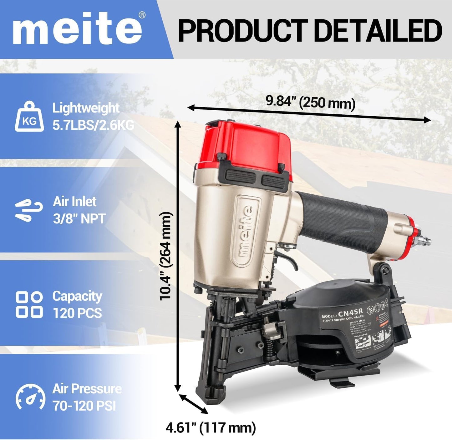 meite CN45R Coil Roofing Nailer Kit with 1-1/4-Inch Coil Roofing Nails, 15 Degree Pneumatic Roofing Nail Gun for Asphalt Shingles Underlayment Decking Roof Repair, 2,880PCS