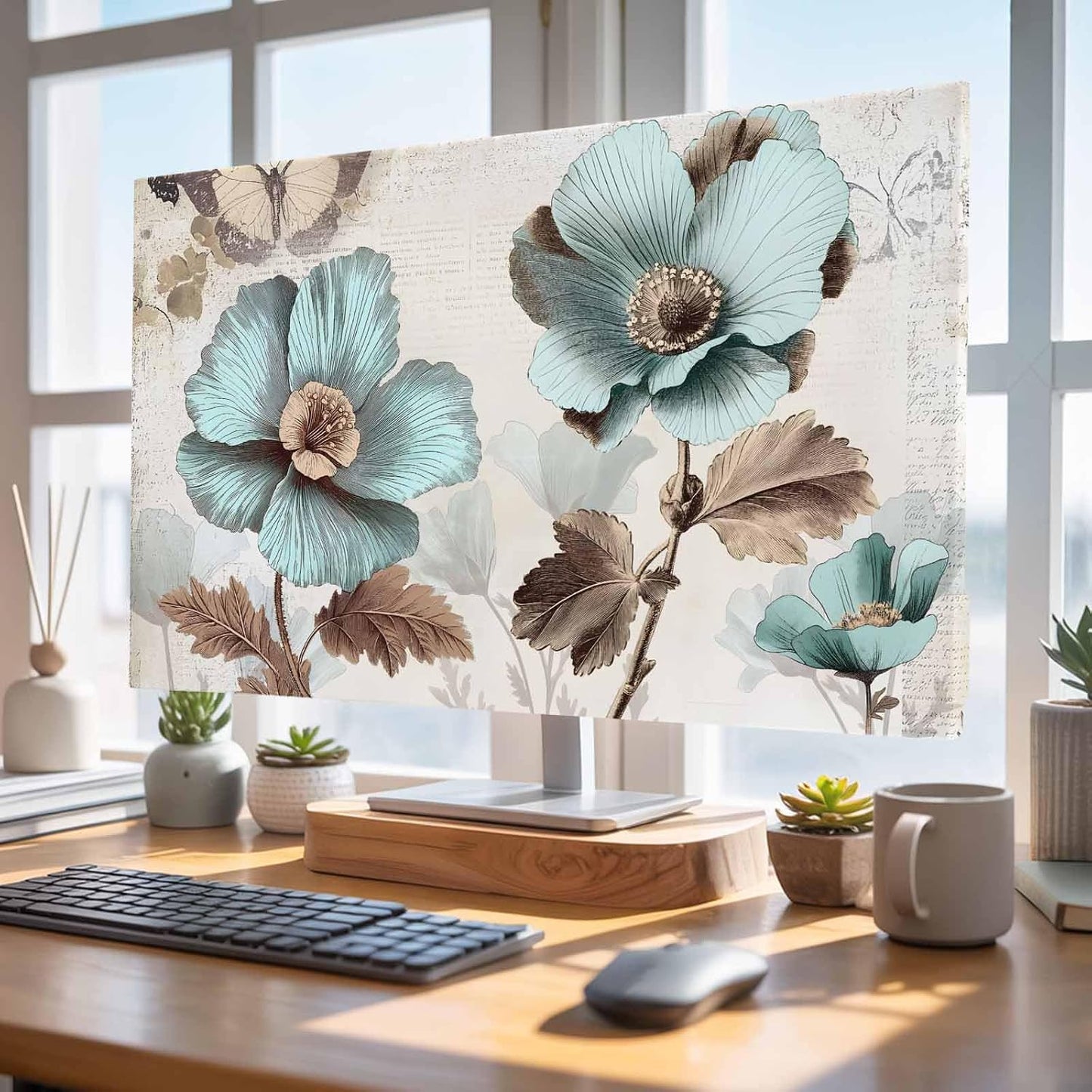 Yukro 40 Inch, 35"x22" Victorian Style Broccoli Butterfly Indoor TV Dust Cover, Blue Flowers Plant Elastic TV Dustproof