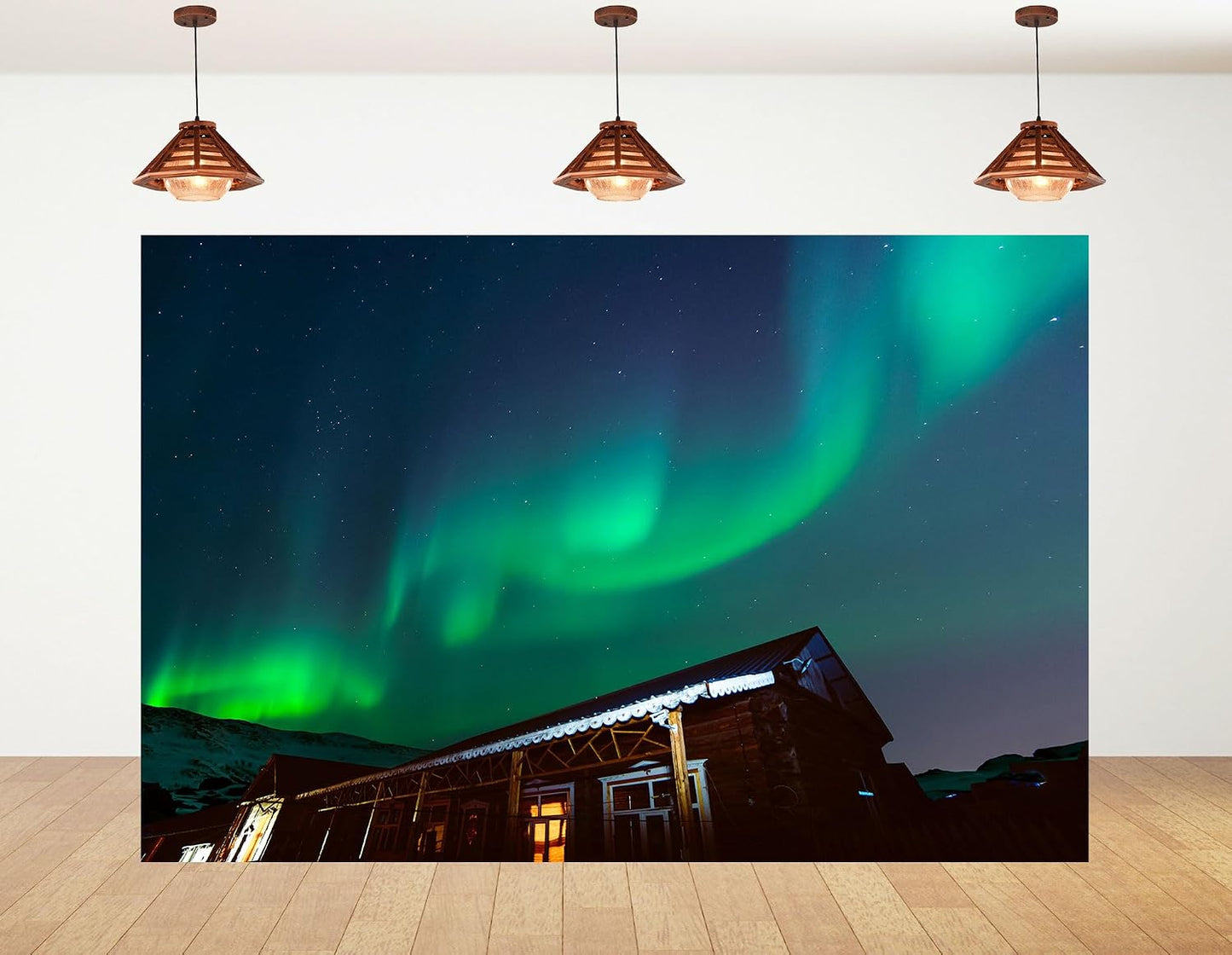 KeyWork 10x7ft Green Northern Lights Cabin Backdrop Arctic Night Sky Scene Photography Background for Winter Event Home