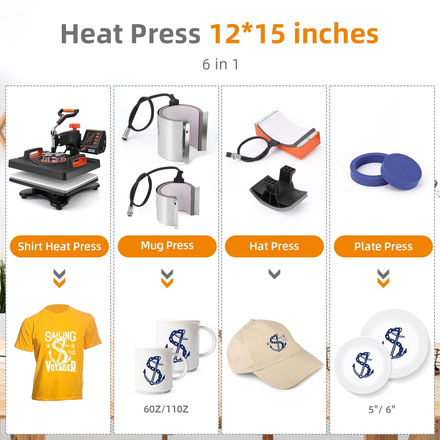 Heat Press Machine 12 x 15 inch, 6 in 1 Professional Heat Press Machines for T-Shirts, Caps, Tumbler, Mug Digital Industrial Sublimation 360-degree Rotation Multiful Heat Press Printing Machine
