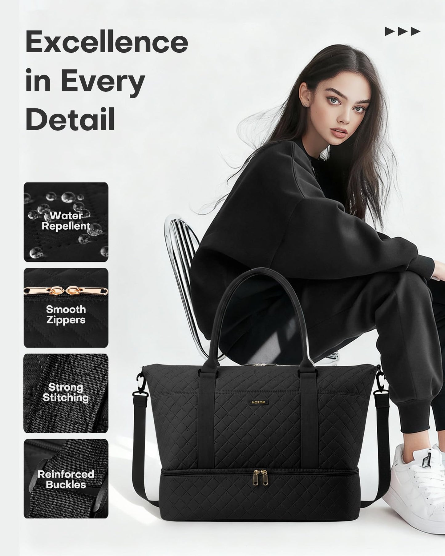 HOTOR Travel Duffel Bag - Weekender Bags for Women, Gym Tote Bags with Shoe Compartment, Carry On Overnight Bag with Toiletry Bag for Travel Essentials and Travel Accessories, Black, 13.4"×17.3"×7.9"