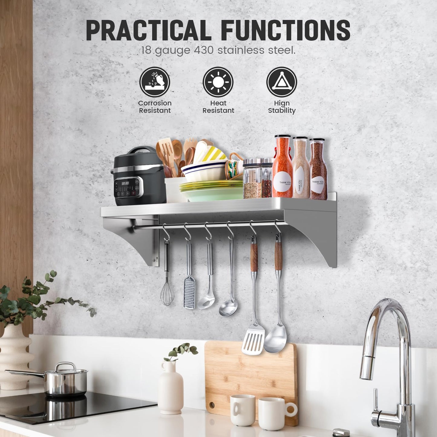Commercial Stainless Steel Shelf 36" x 12" - 250lb Load Capacity, Heavy Duty Stainless Steel Wall Mounted Kitchen Shelf with Backsplash & 6 Hooks for Restaurant, Laundry
