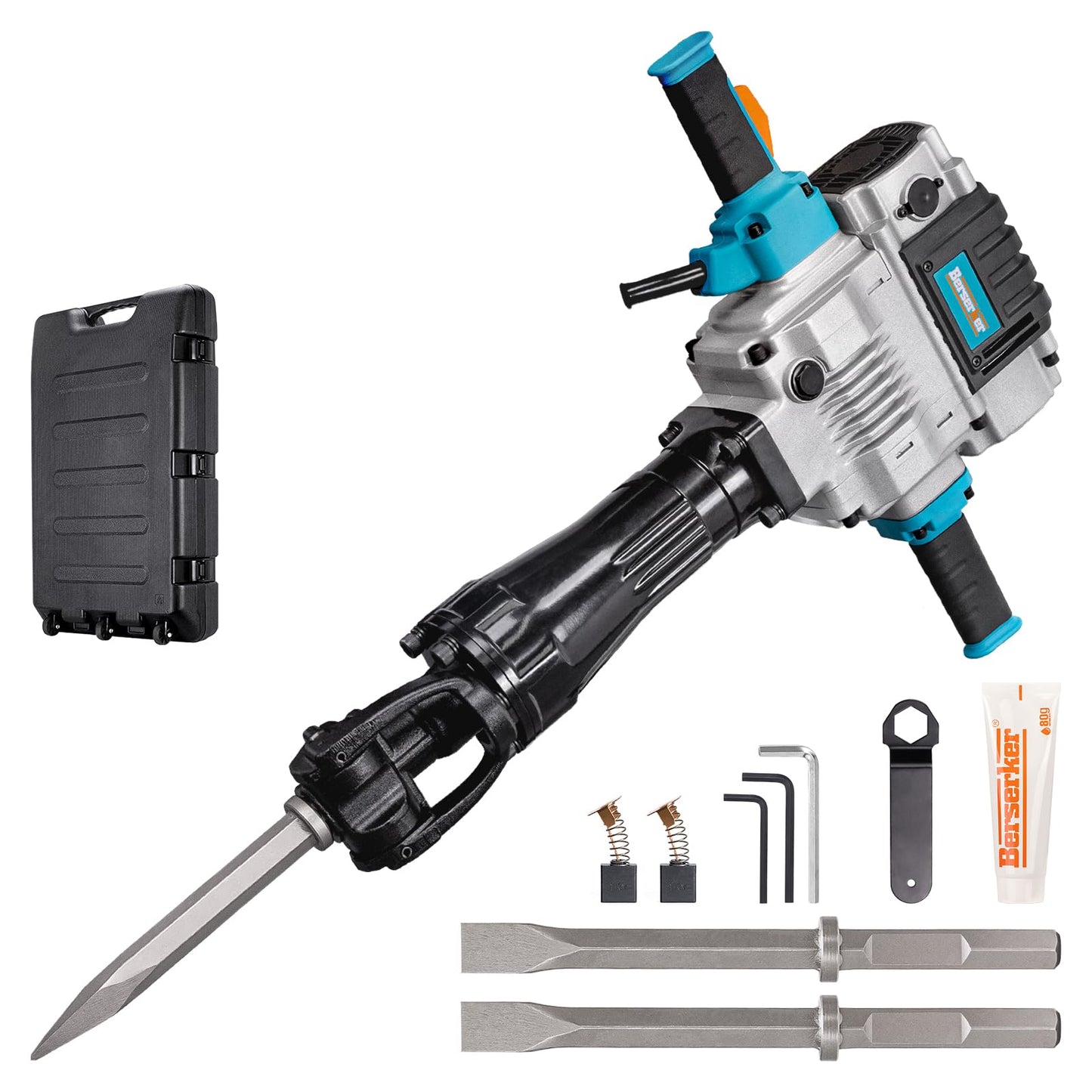 Berserker 55-Pound 1-1/8" Hex Shank Breaker Hammer, 2100W 17-Amp Heavy Duty Concrete/Pavement Demolition Jack Hammer with Carrying Case Bull Point Chisel & 2 Flat Chisel