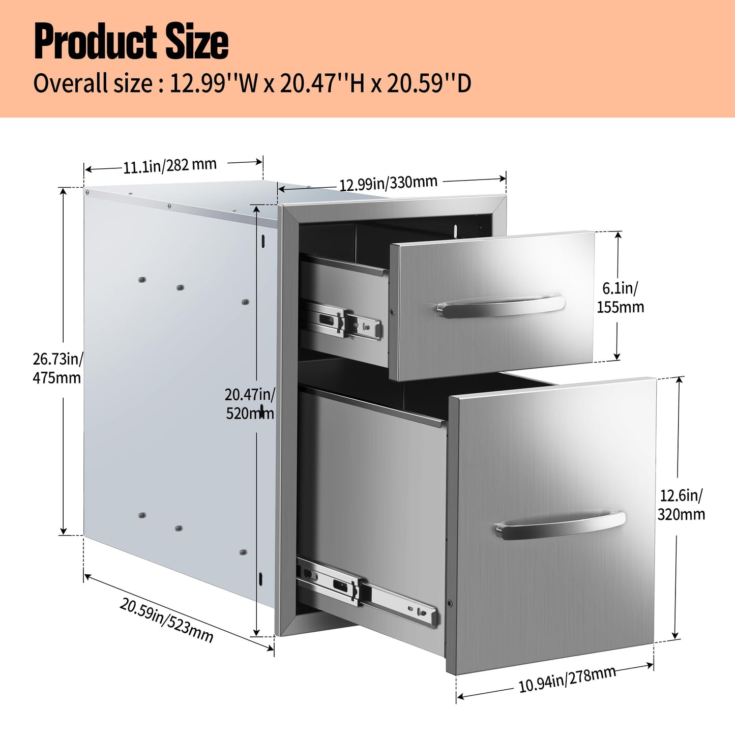 KODOM Outdoor Kitchen Double Drawers 13W x 20H x 21D Inch, Flush Mount Access BBQ Island Drawers for Outdoor Kitchens or Patio Grill Station