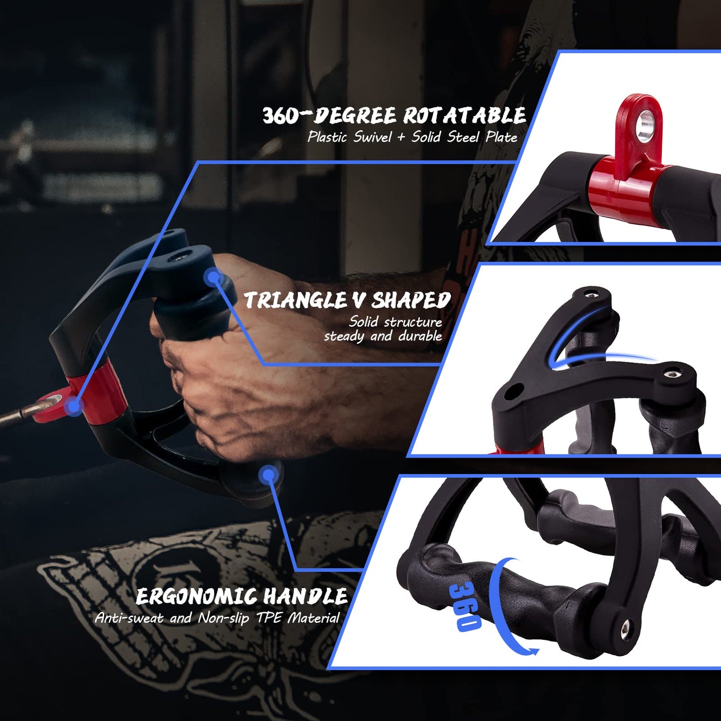 HXD-ERGO Double D Handle for Cable Machine - Ergonomic Row Handle Cable Attachment - Triangle V Bar Grip LAT PullDown Attachments for Home Gym