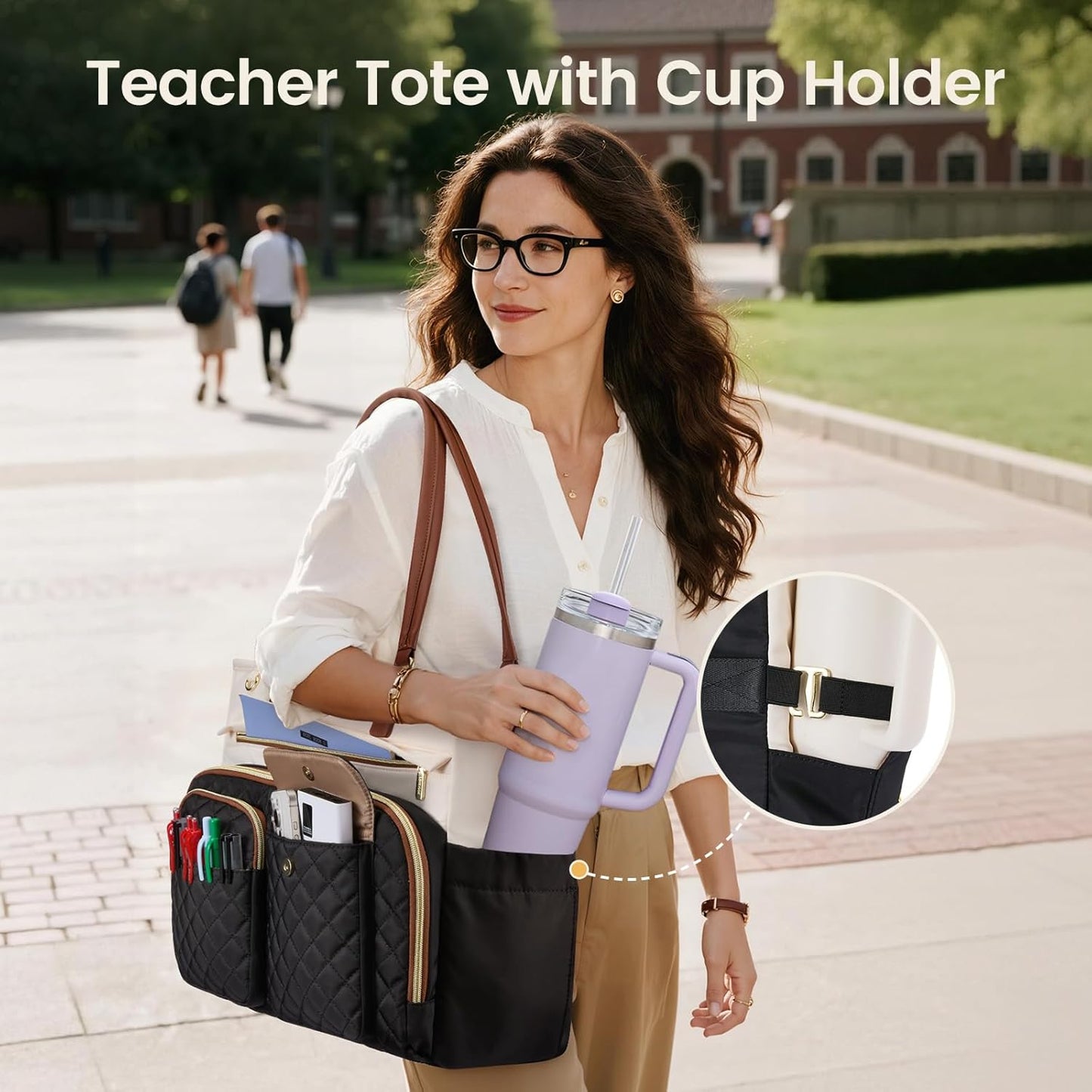 LOVEVOOK 15.6 Inch Tote Bag with Large Cup Holder, Work Tote Bags for Women, Large Capacity Teacher Tote with Multi