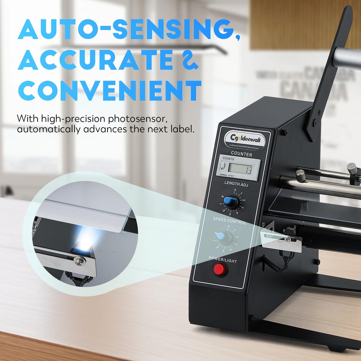 CGOLDENWALL Automatic Label Dispenser Sticker Roll Dispenser for Logistics Office Home, 1-8m/min Speed Adjustable, Length 0.12-5.9" Width 0.16-5.5", Auto Sensing&Counting, Max Roll Dia. 9.8"
