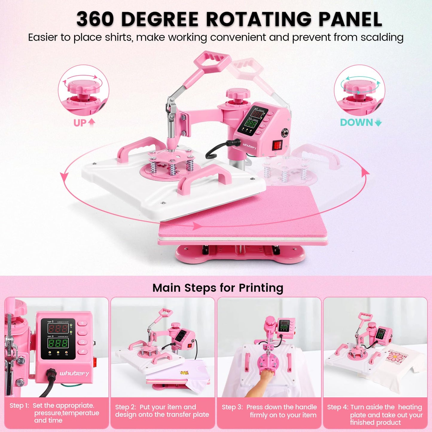 Whubefy Heat Press 12x15 inch 5 in 1 Combo with Mug Press, 360° Swing Away Digital Shirt Press Machine, Industrial-Quality Heat Transfer Sublimation for T-Shirt/Tumbler/Mug/Hat/Cap/Plate