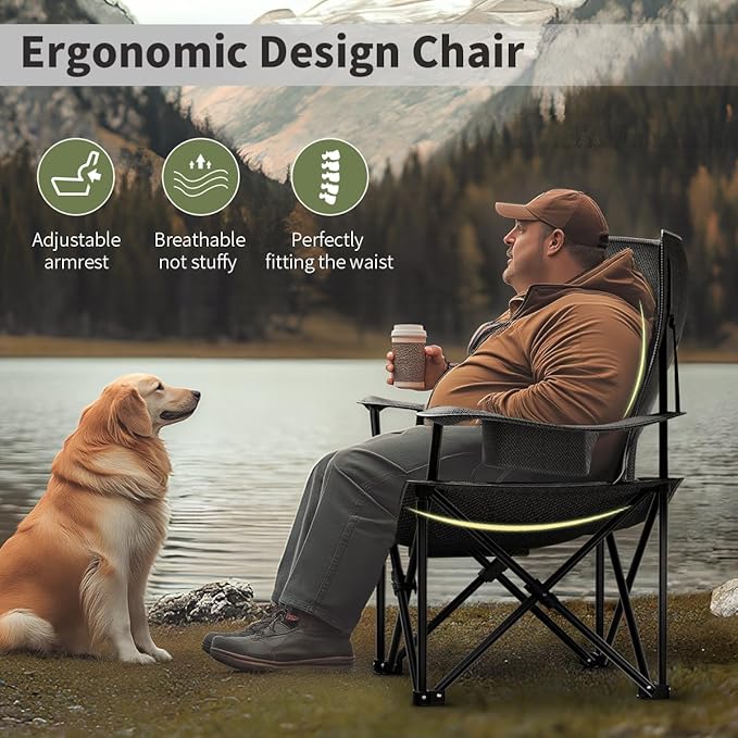 Heavy Duty Folding Chair 500LB Capacity, Oversized Camping Chairs with Cup Holder, Cooler Bag & Storage Pouch, Double-Layer Fabric, Outdoor Chairs for Sports, Lawn Chairs (1, Black Grey, Extra Large)