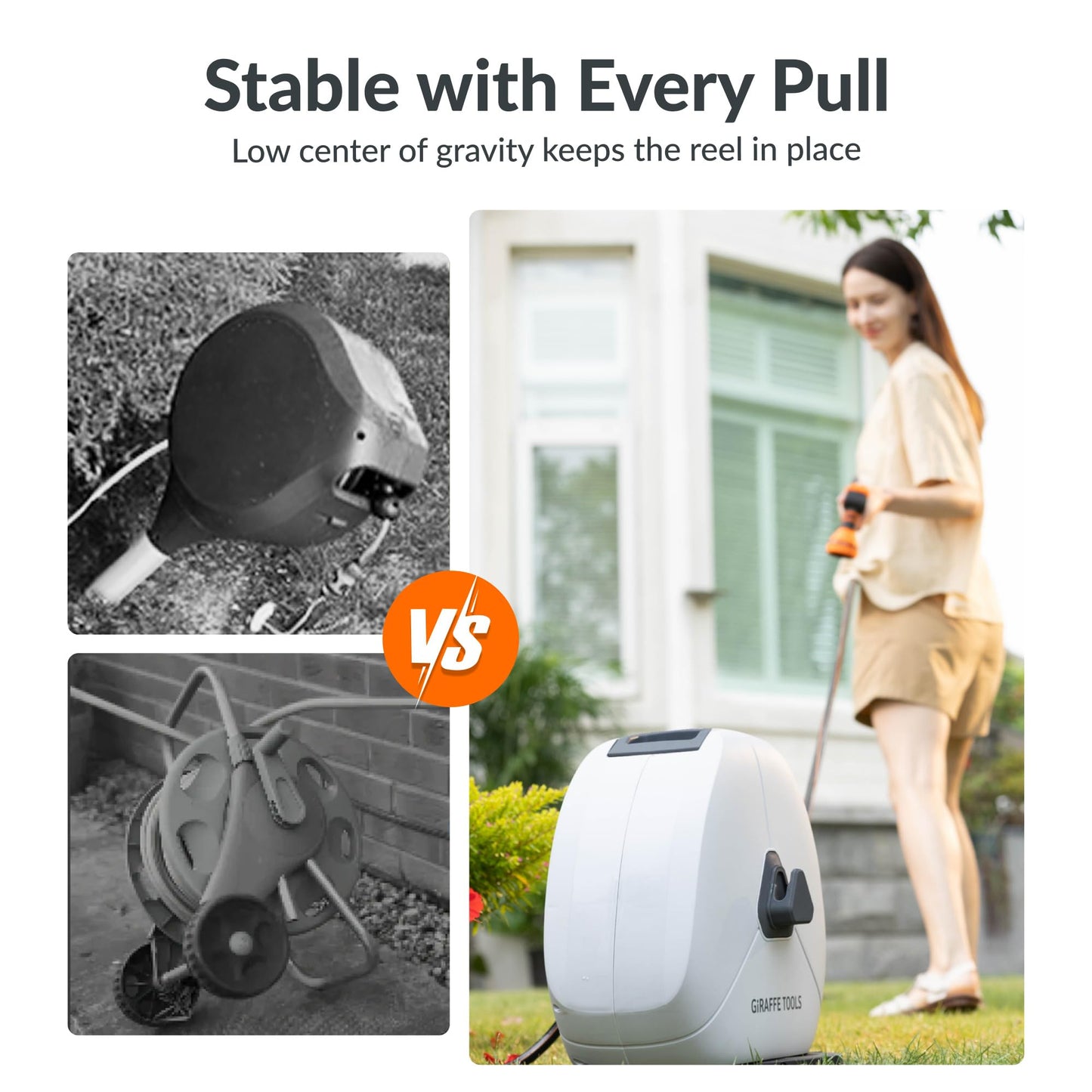 Giraffe Tools Retractable Heavy Duty Hose Reel, 1/2" x 130FT Automatic Rewind Garden Hose Reel with 360° Swivel Base, Ground Mounted for Lawn, Patio, Concrete Floor & Yard Watering