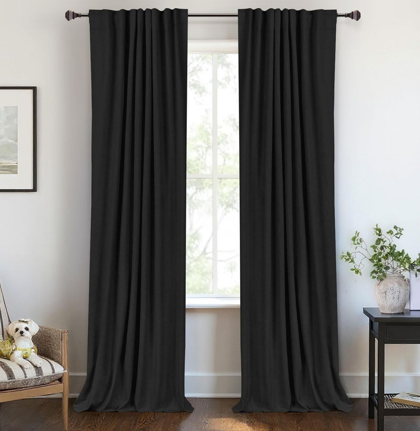 Skiennix 100% Blackout Linen Curtains - Thermal Insulated Drapes for Bedroom | 84" Long, Black, 2 Panels Set