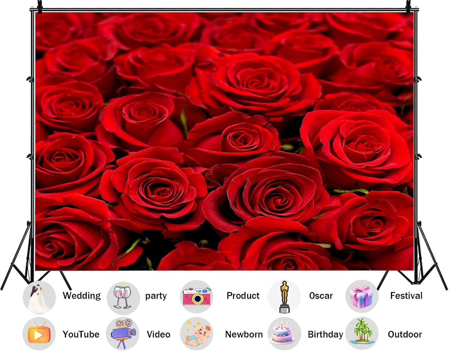 SHDASMIL 8X6ft Bright Red Roses Close Up Backdrop Fresh Floral Bouquet Background for Valentines Day Wedding Party