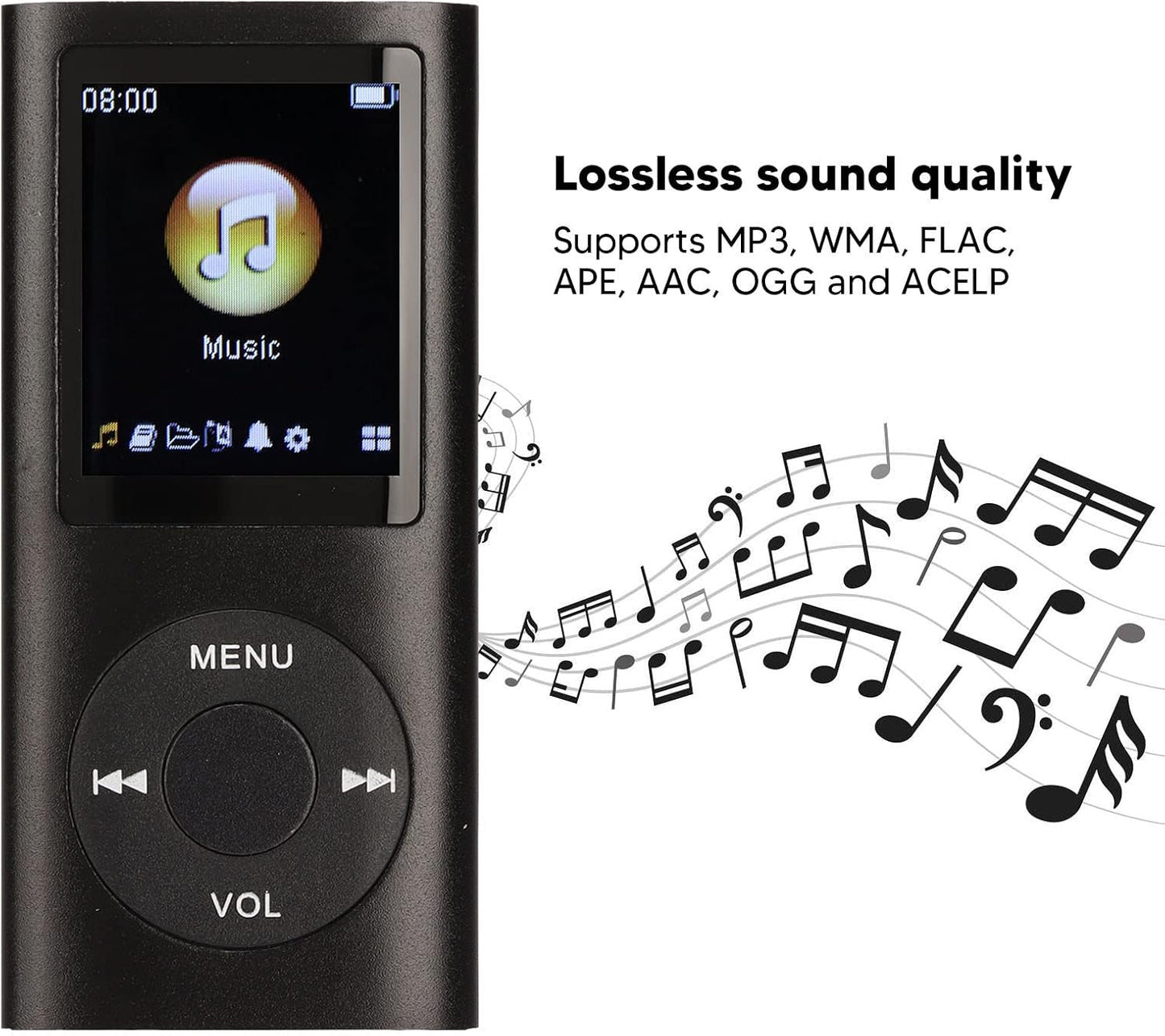 Estink MP3, MP3 1.8inch MP3 Mini Portable Stylish Multifunctional Lossless Sound Slim Player, Large LCD Screen Player