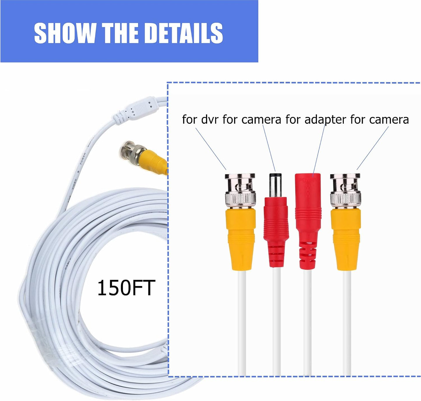 150ft White BNC Video Power Siamese Cable for CCTV Systems