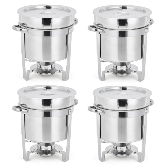 Commercial 7QT Soup Chafer Set, 4 Pack Stainless Steel Round Food Warmers Set with Pot, Notched Lids & Fuel Containers, Soup Warmers Ideal for Buffet Service & Event Catering