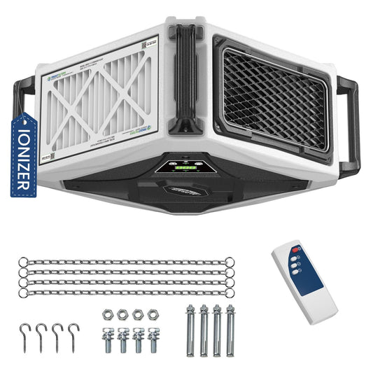 ALORAIR 2 Stage 270° Intake (580/780CFM) Air Filtration Systems Woodworking Built-In Ionizer with Remote Control & Strong Vortex Fan, Hanging Mode for Works Shop, Shop Dust Collectors, Purecare 780IG