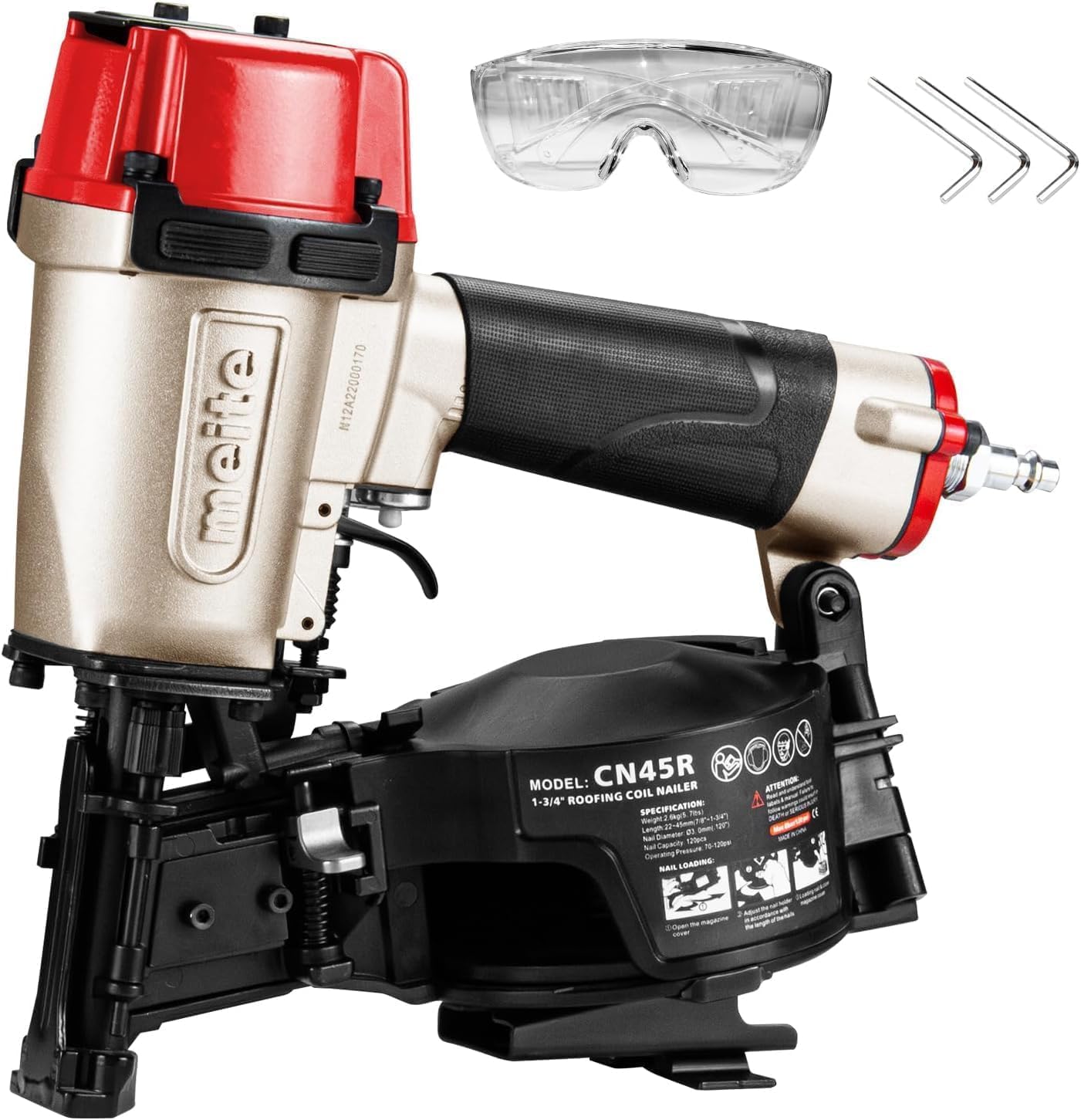 meite CN45R Coil Roofing Nailer Kit with 1-Inch Coil Roofing Nails, Pneumatic Roofing Nail Gun for Asphalt Shingles Underlayment Decking Roof Repair, 2,880PCS