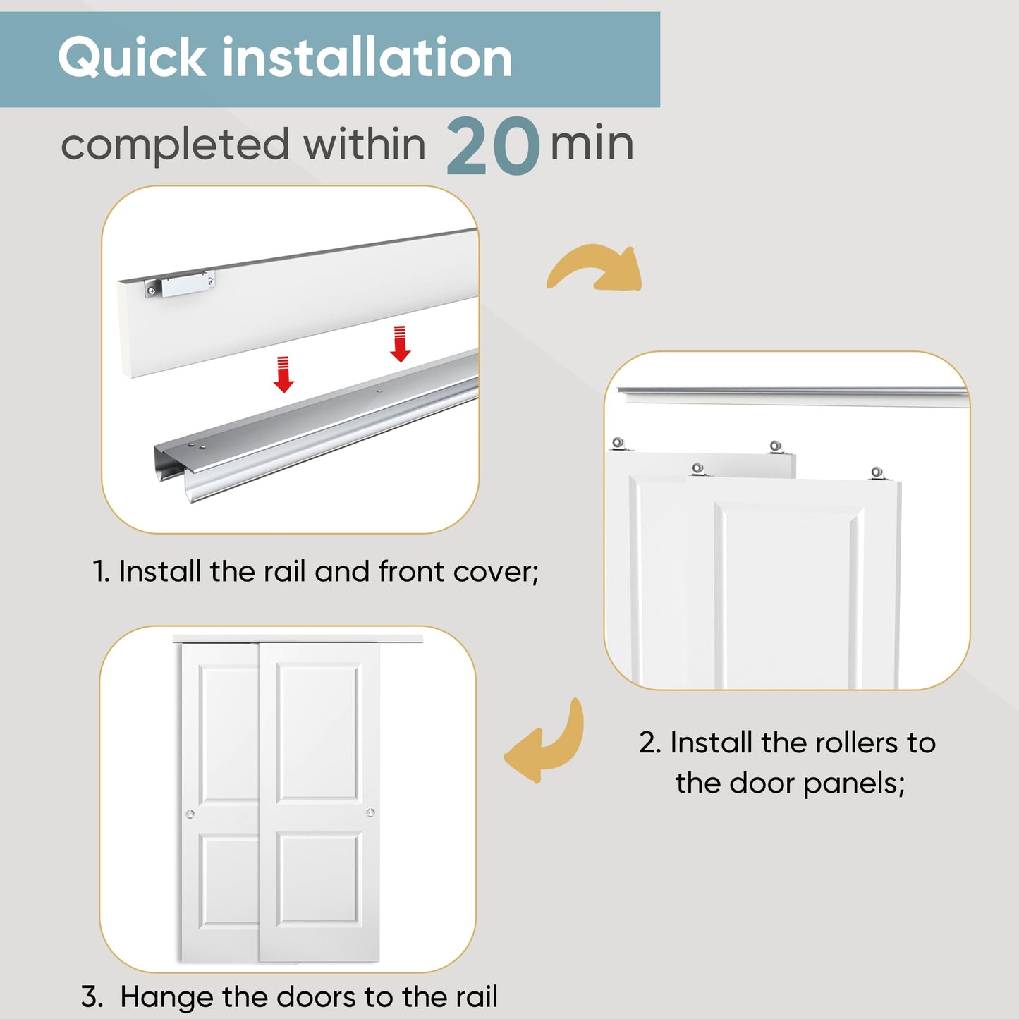 JUBEST 48x80 in Sliding Closet Door, Raised 2-Panel Square Top White Primed Hollow Core Door Slab with Hardware Kits & Matching Fascia, Pre-drilled & Paintable, Space-Saving for Bedroom Laundry