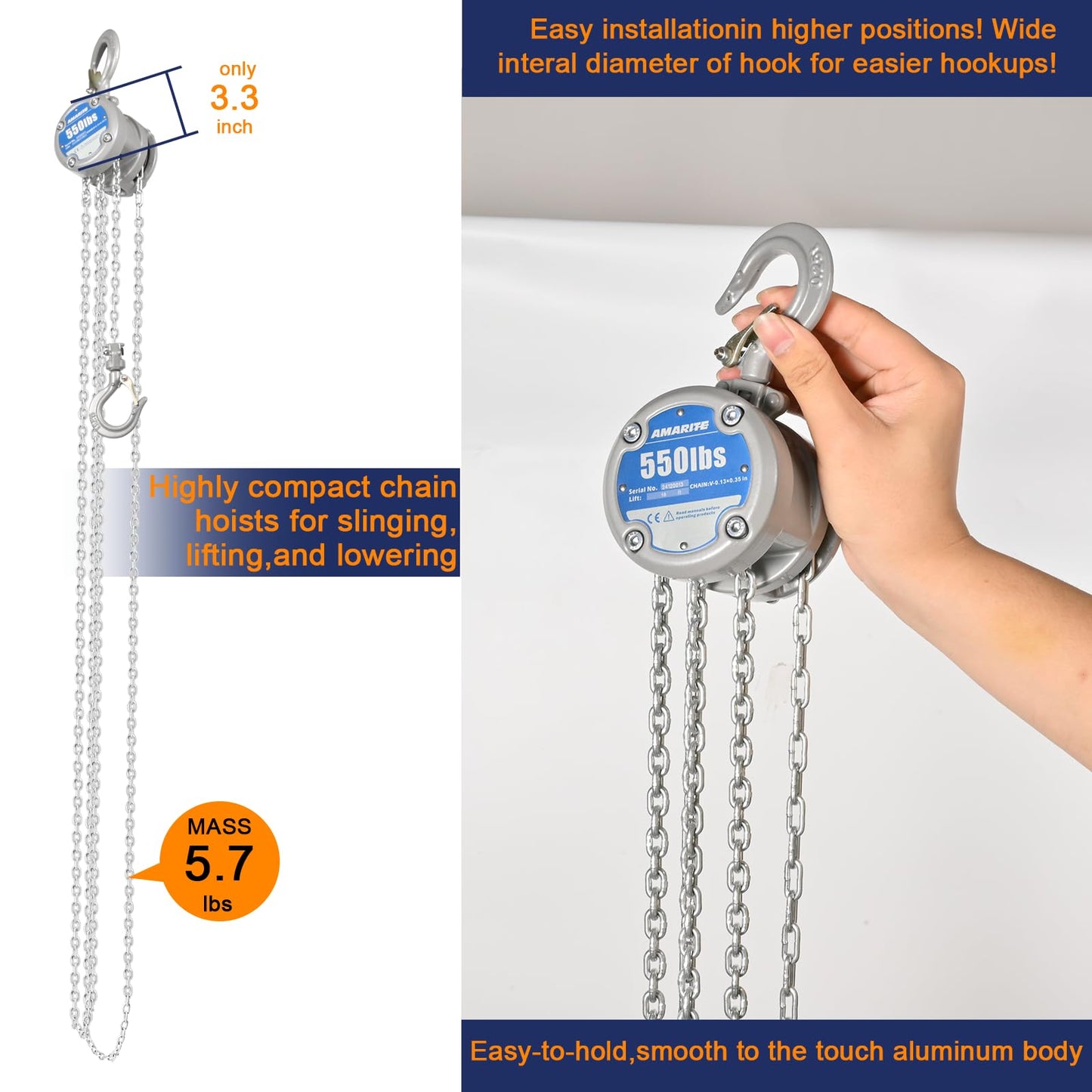 2 Pack AMARITE 1/4 Ton Compact Small Chain Hoist 550lbs Capacity Low-Profile Design with Dual Brakes & Vertical Beam Clamp 2200lbs (1 Ton) Working Load Limit