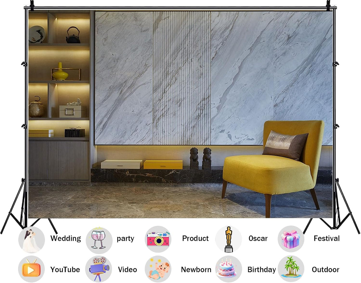 SHDASMIL 6X6ft Luxury Marble Wall Interior Backdrop Yellow Accent Chair Elegant Shelf Background Modern Asian Style