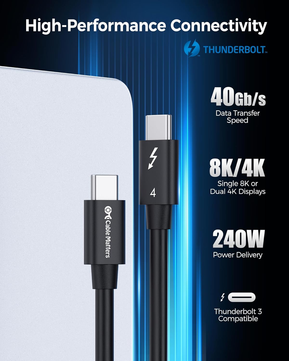 40Gbps 4 1ft 8K 240W 0.3m, USB4, 3 Cable Matters [Intel Certified] Thunderbolt Cable with Video and Charging