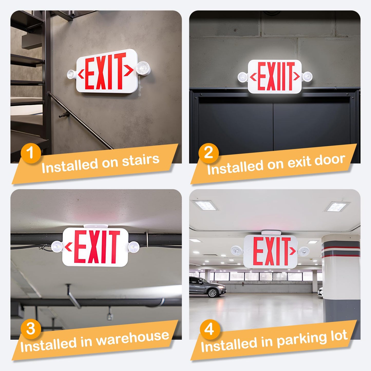 LIT-PaTH LED Combo EXIT Sign with 2 Adjustable Head Lights and Doube Face, Back Up Batteries- US Standard Red Letter Emergency Exit Lighting, UL 924 and CEC Qualified, 120-277 Voltage, 1-Pack