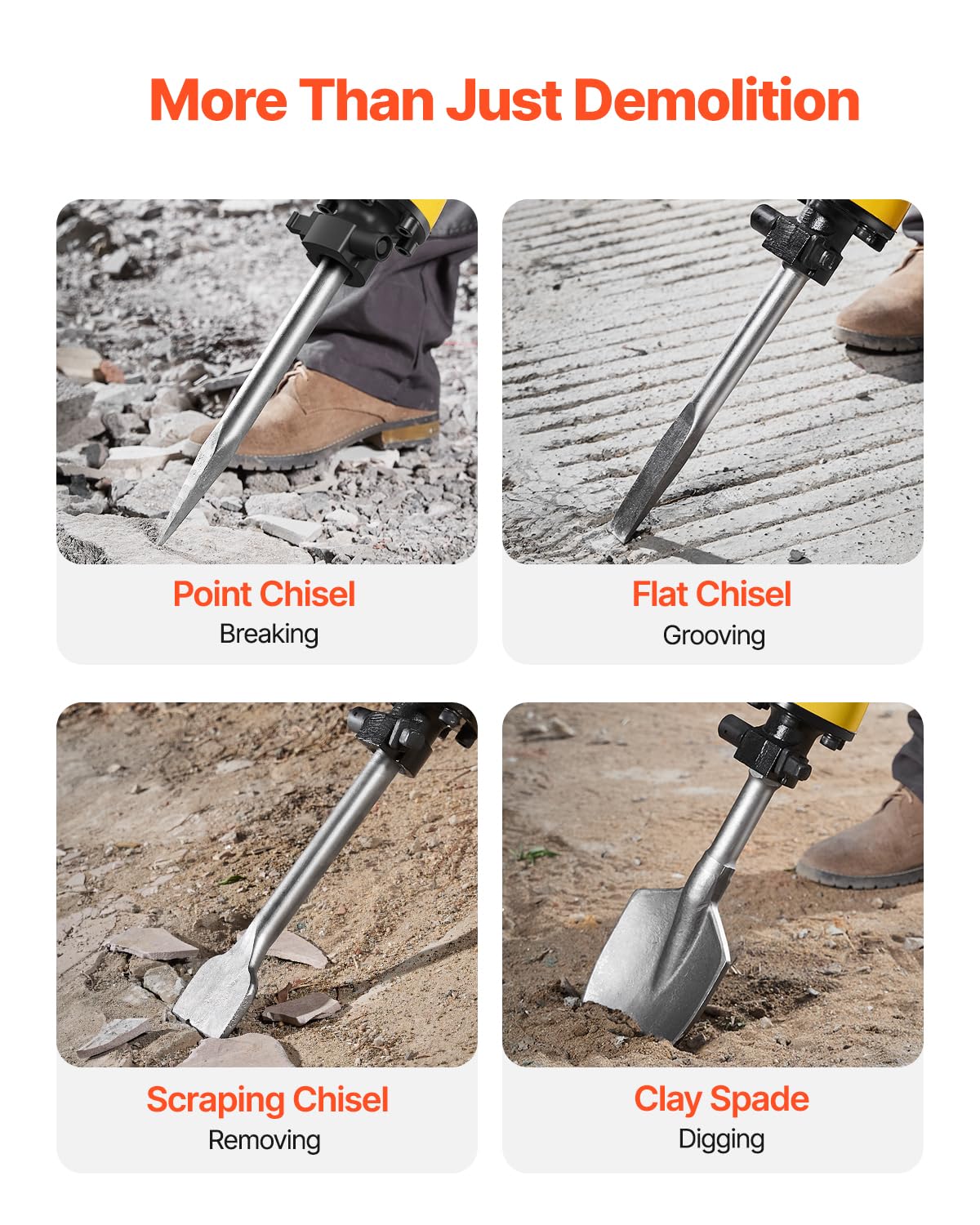 VEVOR Demolition Jack Hammer, 2200W 1350 BPM Jack Hammer Concrete Breaker, Heavy Duty Electric Jack Hammer 4pcs Chisels Bit with Gloves, 360° Swiveling Front Handle for Trenching and Breaking Holes