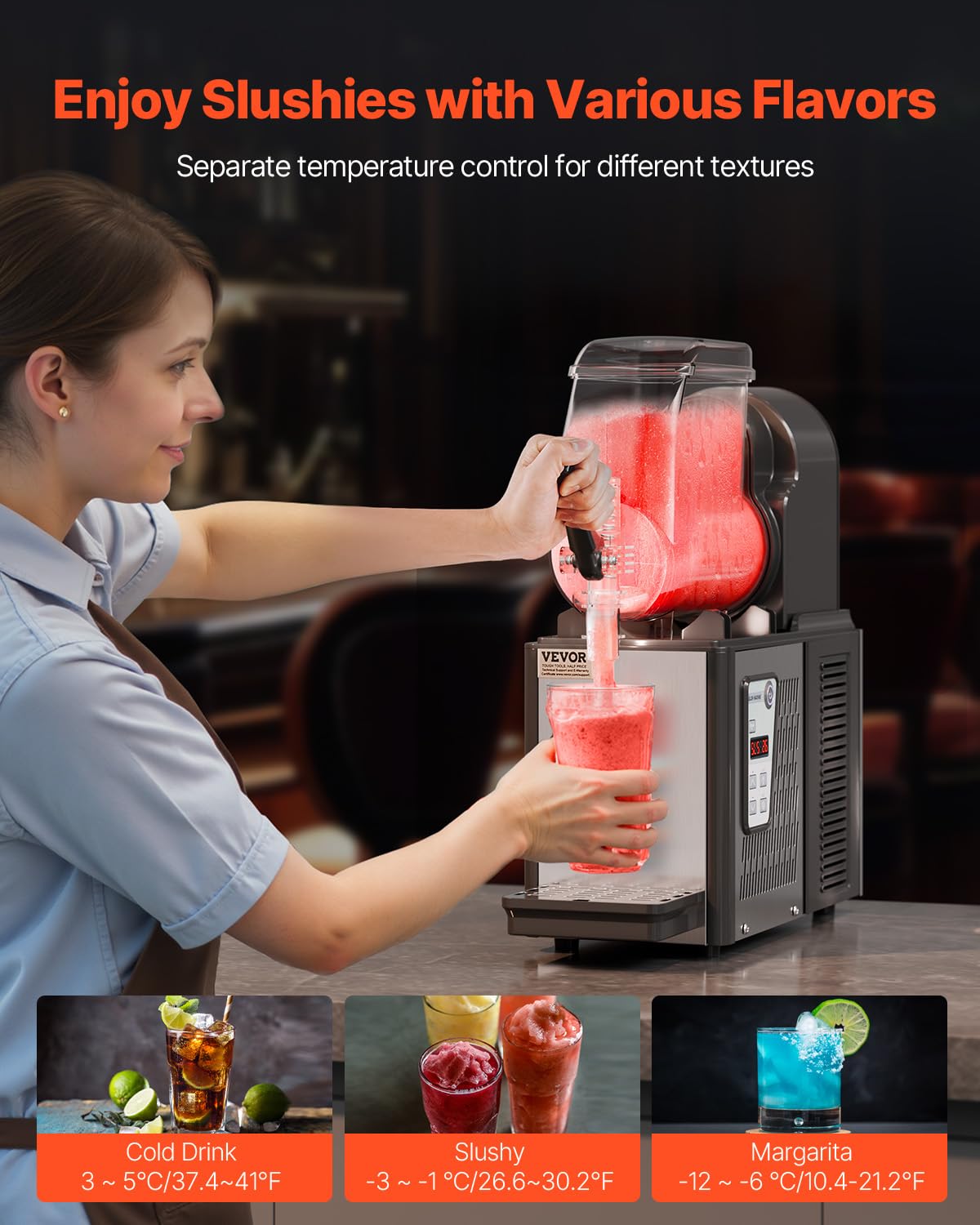 VEVOR Commercial Slushy Machine, 4L Single Tank Frozen Drink Machine, 16 Cups Stainless Steel Margarita Smoothie Frozen Drink Maker, Slushie Maker for Home Party Restaurants Cafe Bars